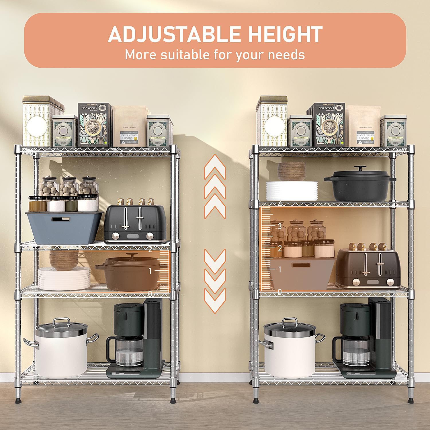 M MZG 5-Shelf Storage Shelves,Wire Shelving Heavy Duty Metal Storage Shelving Unit Adjustable Garage Shelving Rack Pantry Kitchen (Chrome, 4 Tier,15.8" D x 45.3" W x 59.4" H)