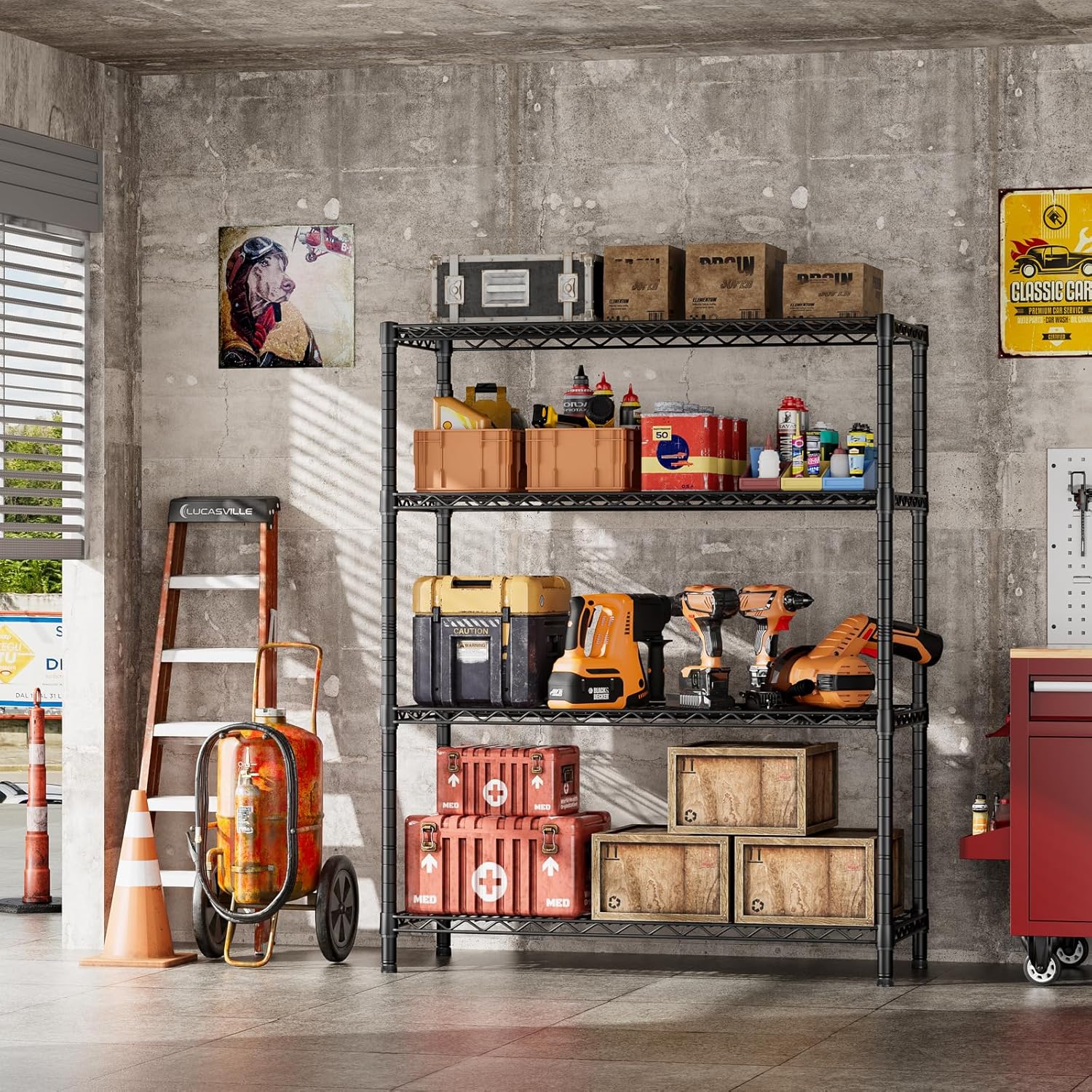 SINGAYE 4 Shelves Adjustable Shelf Heavy Duty Shelves 1400LBS Wire Storage Shelving Metal Organizer Wire Rack Black 18" D X 46" W X 59" H