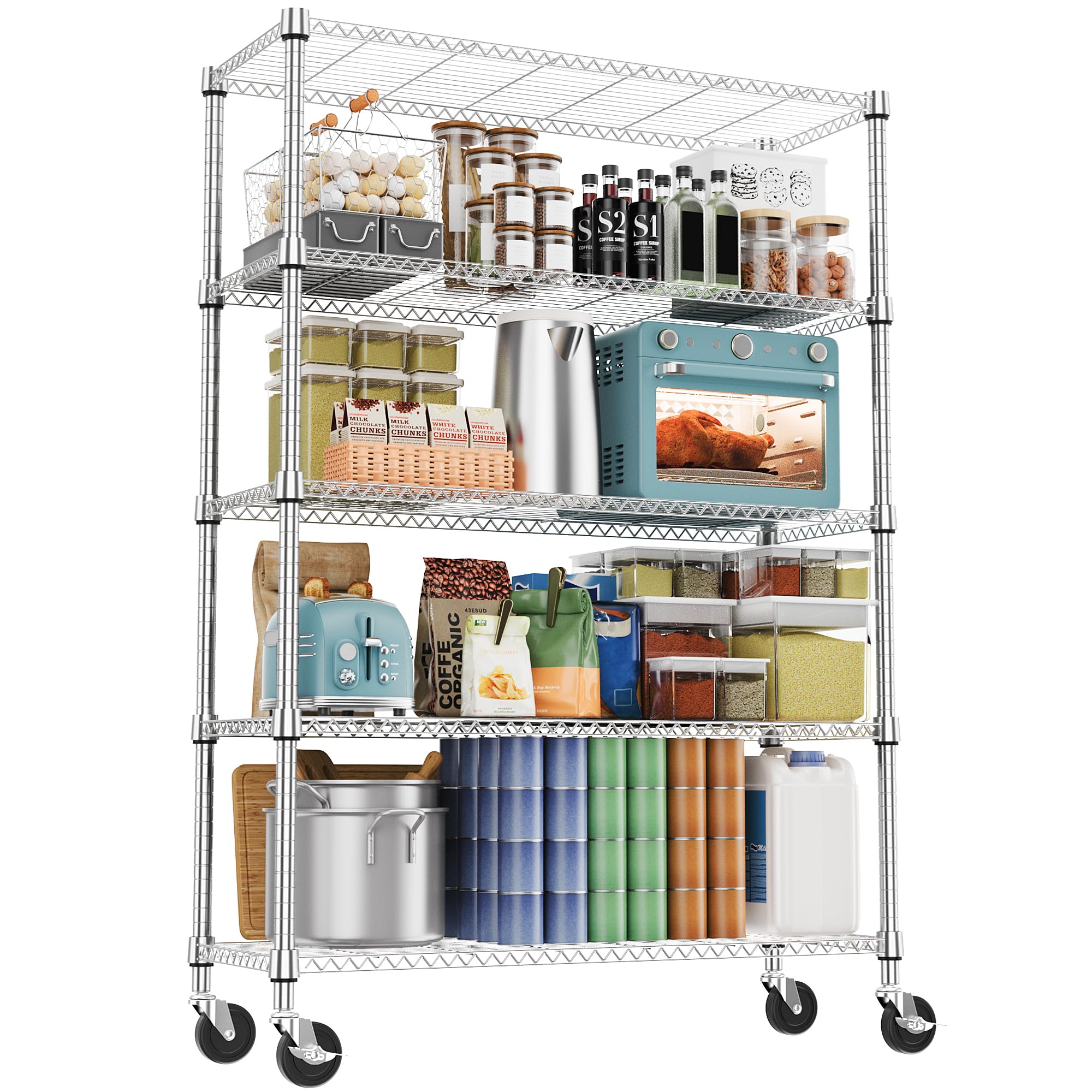 M MZG 5-Shelf Storage Shelves,Wire Shelving Heavy Duty Metal Storage Shelving Unit Adjustable Garage Shelving Rack Pantry Kitchen (Chrome, 4 Tier,15.8" D x 45.3" W x 59.4" H)