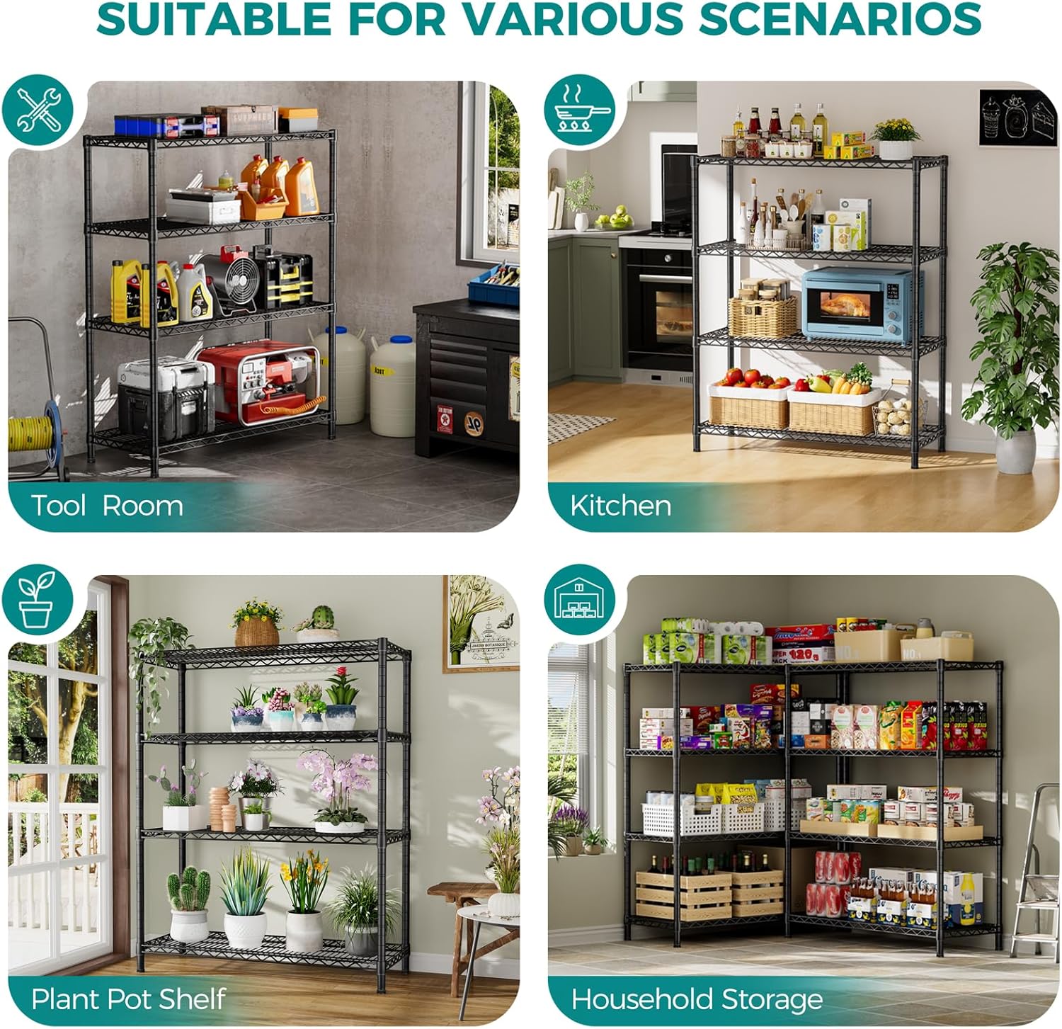 SINGAYE 4 Shelves Adjustable Shelf Heavy Duty Shelves 1400LBS Wire Storage Shelving Metal Organizer Wire Rack Black 18" D X 46" W X 59" H