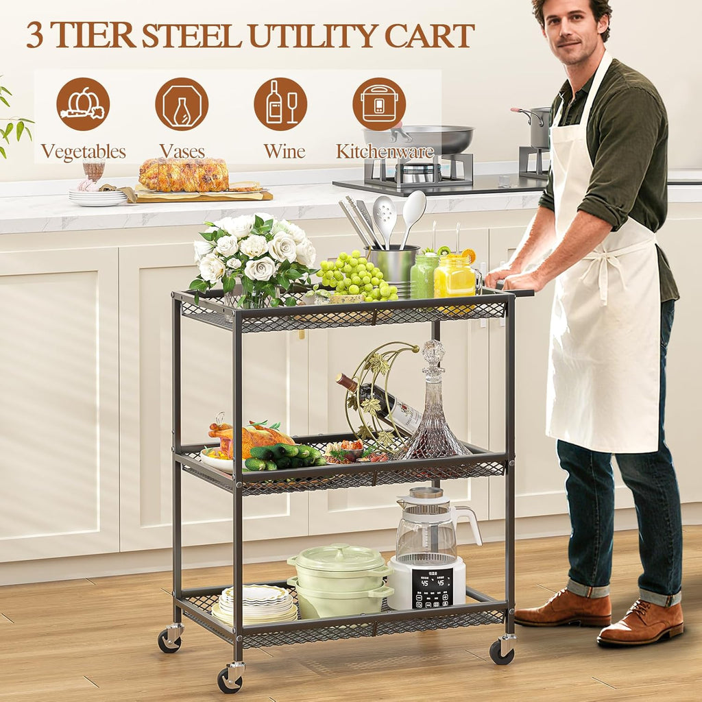 3 Tier Rolling Utility Kitchen Cart, Heavy Duty Wire Rolling Cart on Wheels, Commercial Metal Serving Carts with Handle, Kitchen Island Plant Shelf Food Storage Trolley for Laundry, Office, Garage