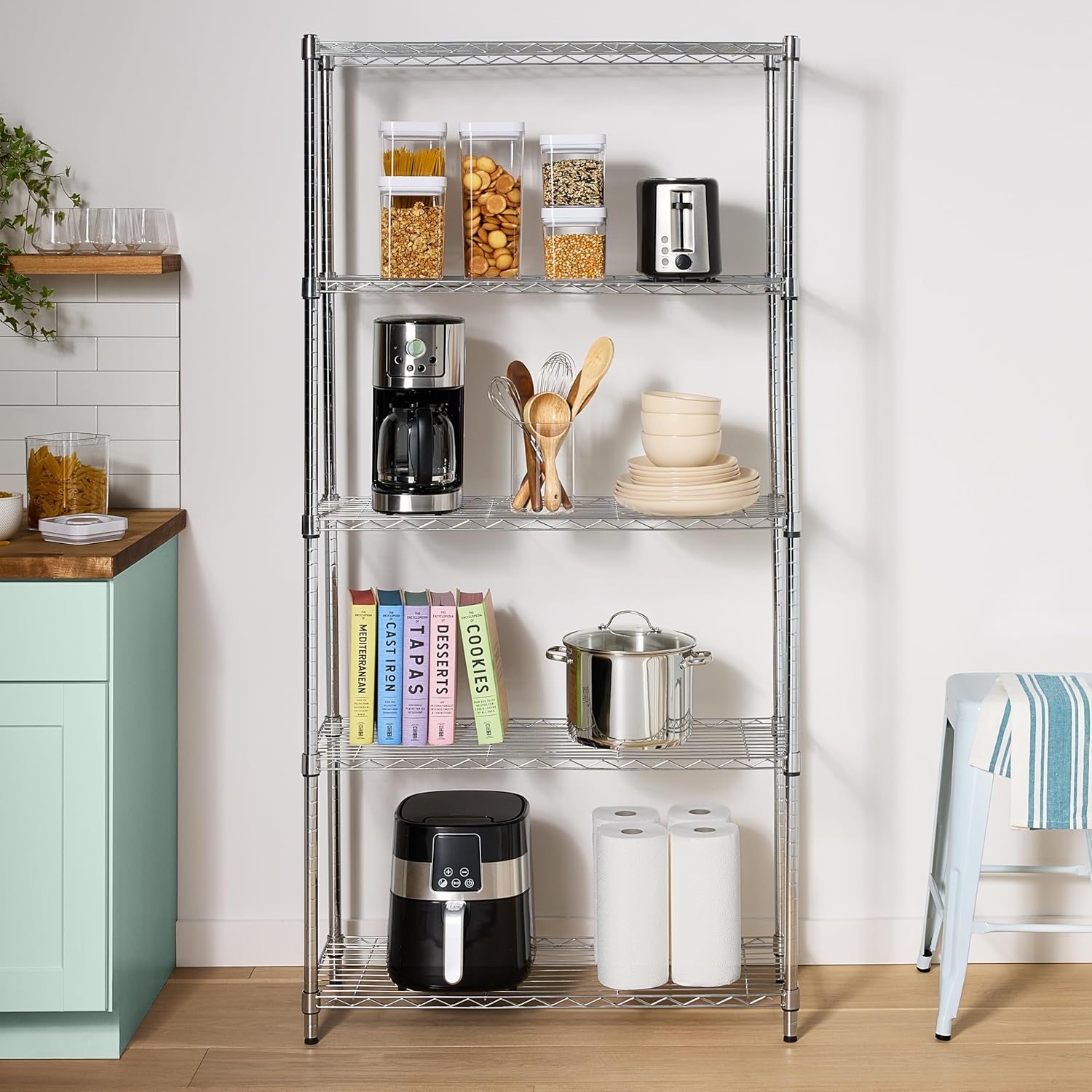Amazon Basics 5-Shelf Adjustable Heavy Duty Steel Wire Rack, Space Saving Storage Shelving Organizer for Kitchen, Garage, No-Tool Assembly, 350 lbs Weight Capacity, 36" x 14" x 72", Chrome