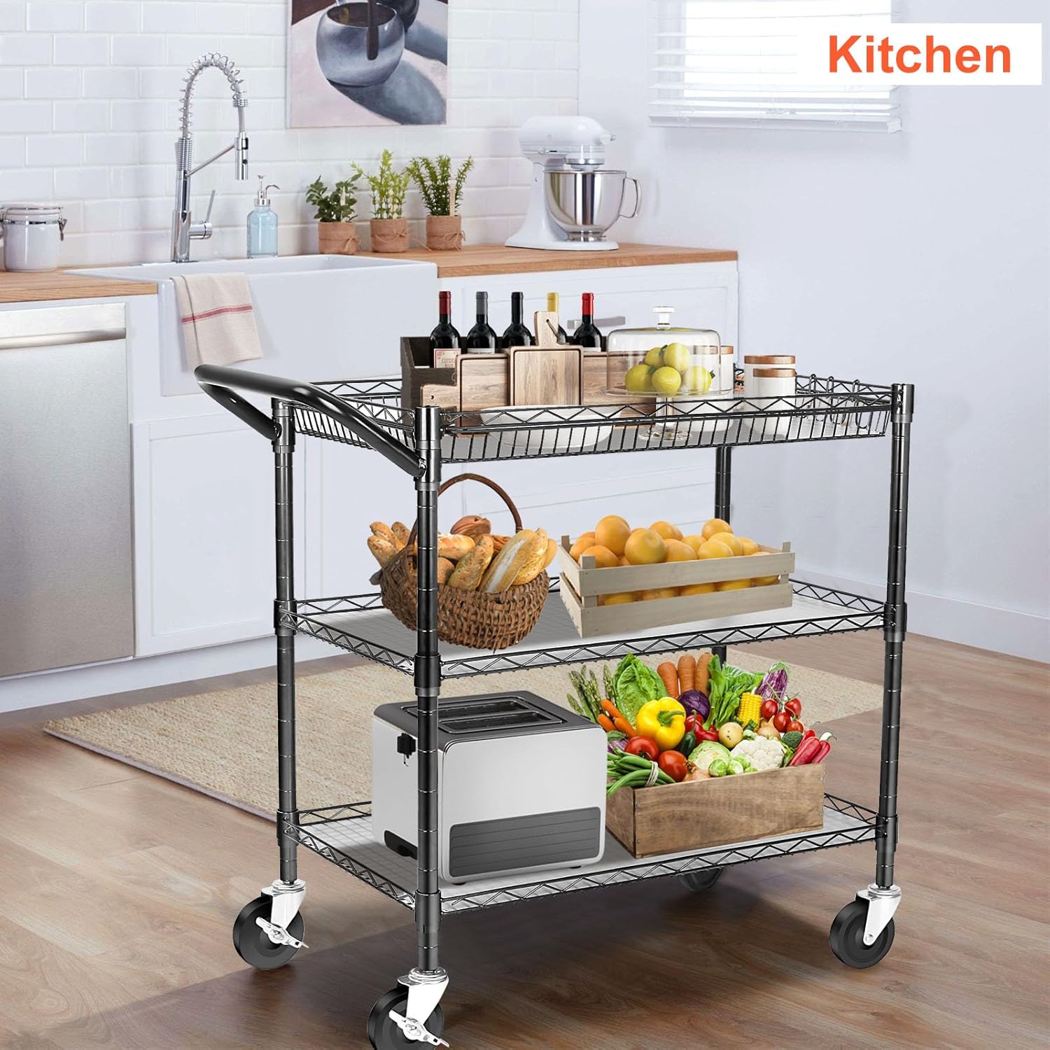 BolDuck Heavy Duty Utility Cart, 990Lbs Capacity 3 Tier Rolling Carts with Wheels, Kitchen Cart on Wheels with Storage, Commercial Grade Metal Serving Carts with Wire Shelving &Handle Bar, Black