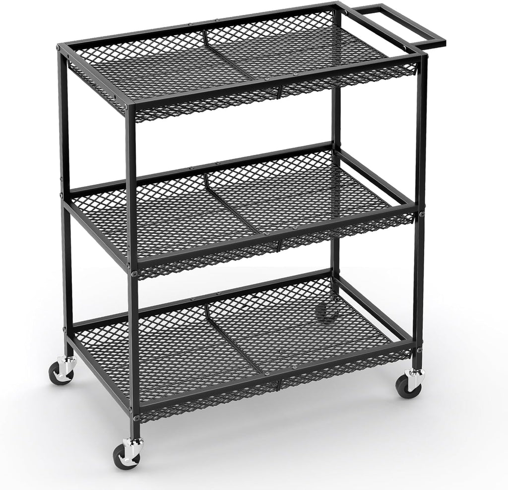 3 Tier Rolling Utility Kitchen Cart, Heavy Duty Wire Rolling Cart on Wheels, Commercial Metal Serving Carts with Handle, Kitchen Island Plant Shelf Food Storage Trolley for Laundry, Office, Garage