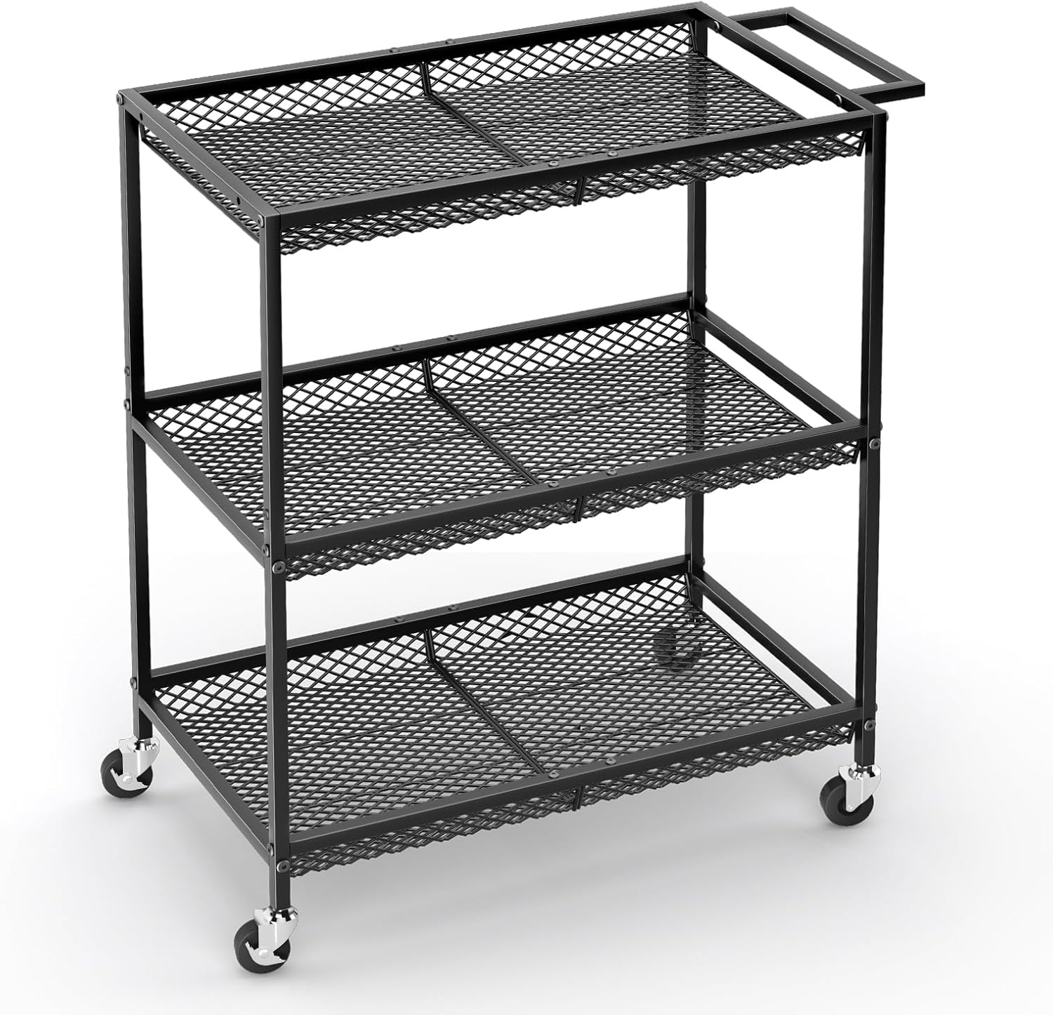3 Tier Rolling Utility Kitchen Cart, Heavy Duty Wire Rolling Cart on Wheels, Commercial Metal Serving Carts with Handle, Kitchen Island Plant Shelf Food Storage Trolley for Laundry, Office, Garage