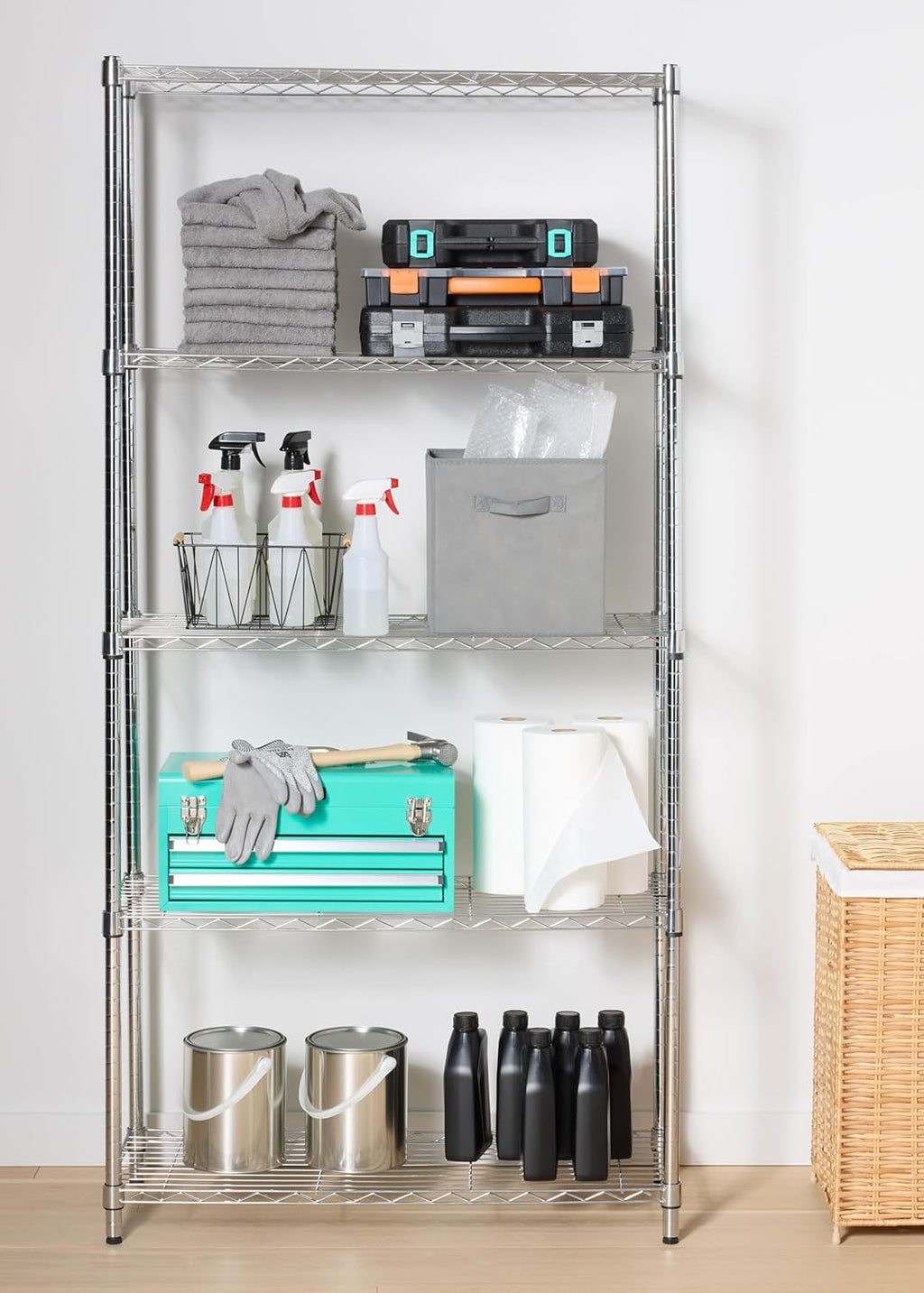 Amazon Basics 5-Shelf Adjustable Heavy Duty Steel Wire Rack, Space Saving Storage Shelving Organizer for Kitchen, Garage, No-Tool Assembly, 350 lbs Weight Capacity, 36" x 14" x 72", Chrome