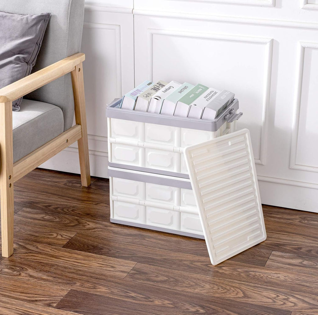 Collapsible Storage Bins with Lids 30L, Folding Plastic Stackable Utility Crates 2-Pack, Durable Containers for Home & Garage Organization - Oyster White
