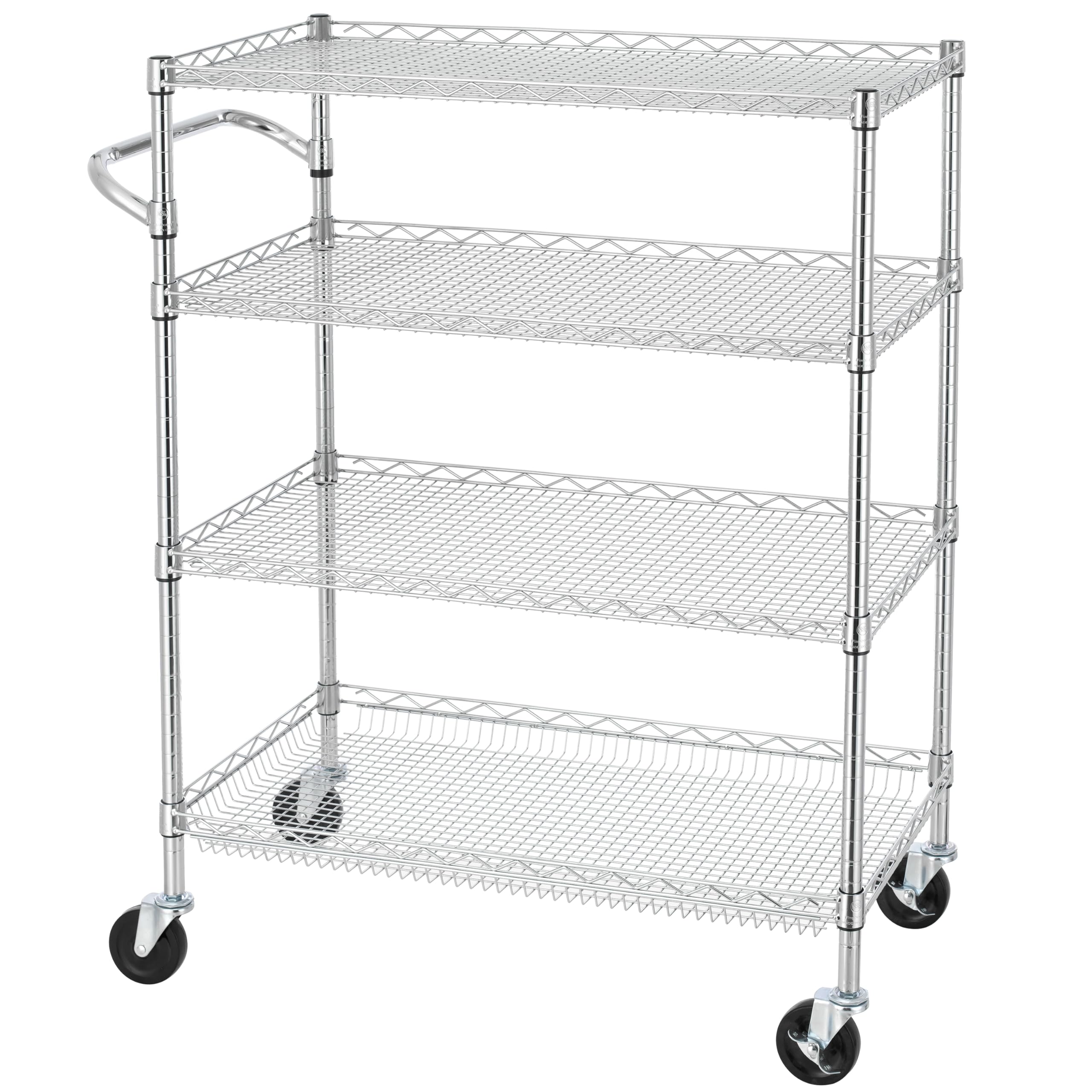Finnhomy 3 Tier Heavy Duty Commercial Grade Utility Cart, Wire Rolling Cart with Handle Bar, Steel Service Cart with Wheels, Utility Shelf Plant Display Shelf Food Storage Trolley, NSF Listed