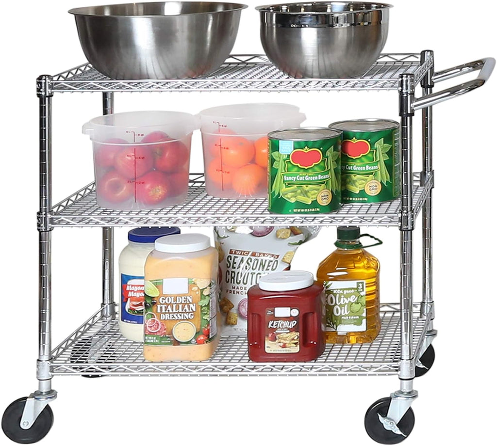 Seville Classics UltraDurable NSF Commercial Heavy Duty Metal Rolling Utility Cart, w/ Steel Shelves, Handle Bar for Restaurant, Garage, Warehouse, Kitchen, Office, Top Shelf (36"W x 18"D)