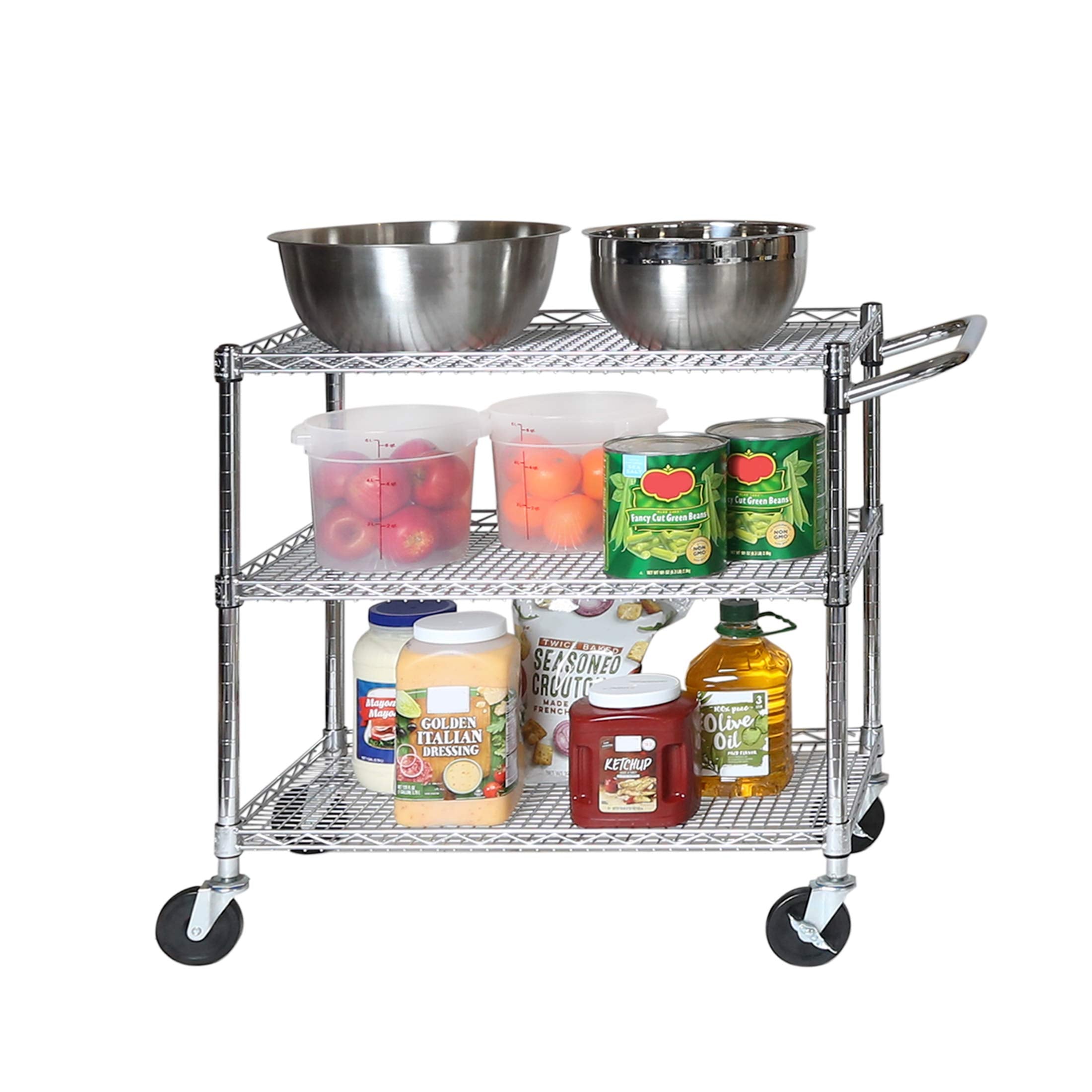 Seville Classics UltraDurable NSF Commercial Heavy Duty Metal Rolling Utility Cart, w/ Steel Shelves, Handle Bar for Restaurant, Garage, Warehouse, Kitchen, Office, Top Shelf (36"W x 18"D)