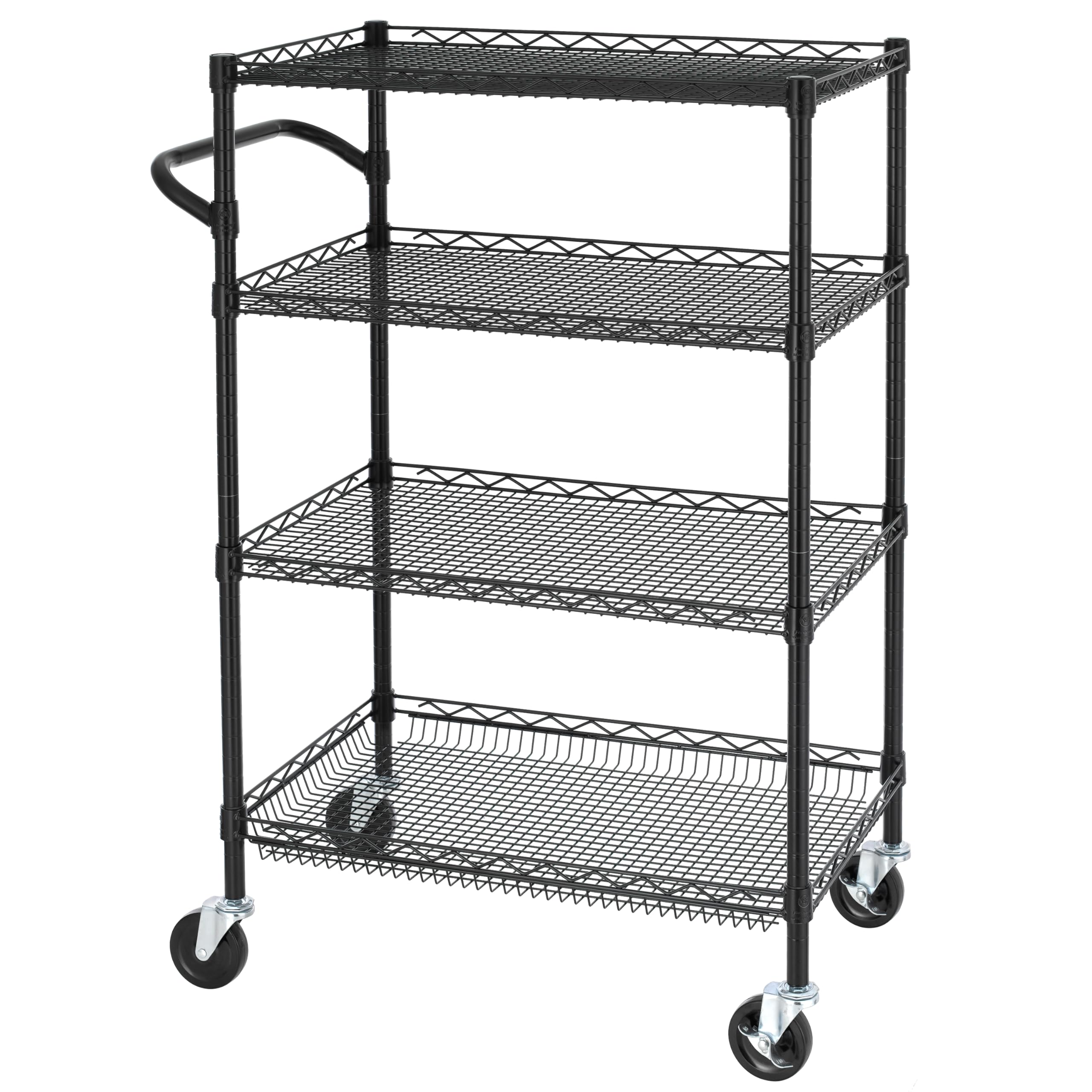 Finnhomy 3 Tier Heavy Duty Commercial Grade Utility Cart, Wire Rolling Cart with Handle Bar, Steel Service Cart with Wheels, Utility Shelf Plant Display Shelf Food Storage Trolley, NSF Listed