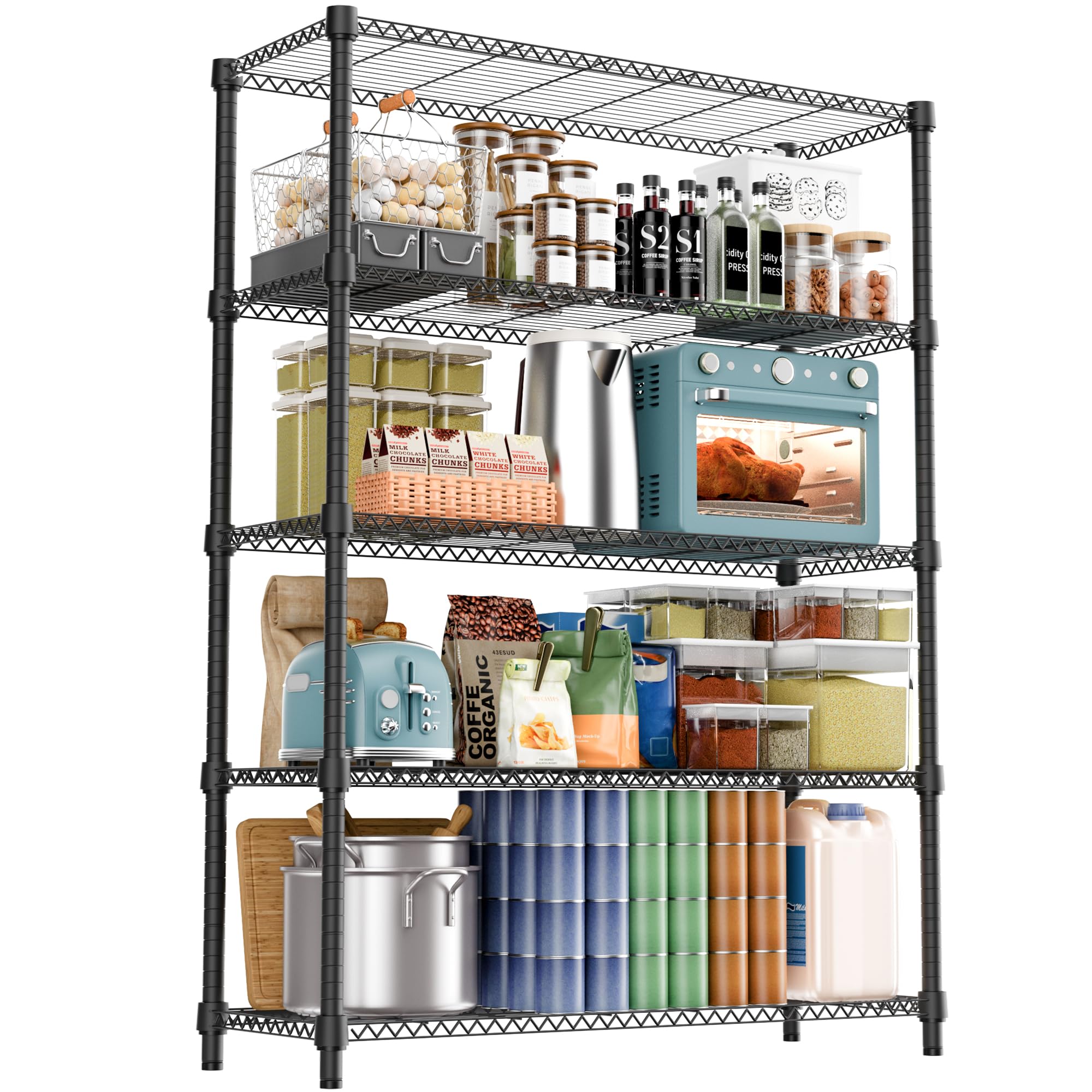 M MZG 5-Shelf Storage Shelves,Wire Shelving Heavy Duty Metal Storage Shelving Unit Adjustable Garage Shelving Rack Pantry Kitchen (Chrome, 4 Tier,15.8" D x 45.3" W x 59.4" H)