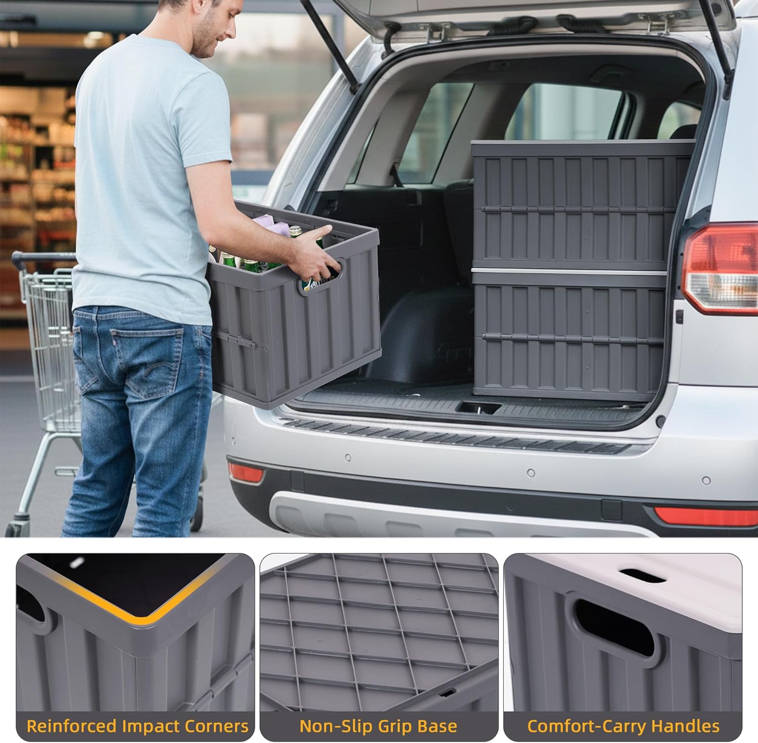 Citylife 64L Collapsible Storage Bins with Lids Plastic Storage Containers for Organizing Stackable Storage Box Large Heavy Duty Utility Crates, 2 Packs