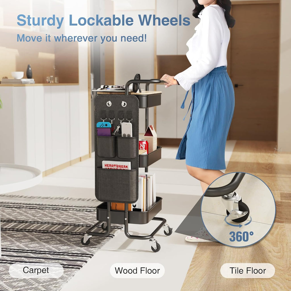 DTK 3 Tier Metal Utility Rolling Cart with Table Top and Side Bags, Tray Storage Organizer Wheels, Art Craft 4 Hooks for Kitchen Bathroom Office Living Room (Black)