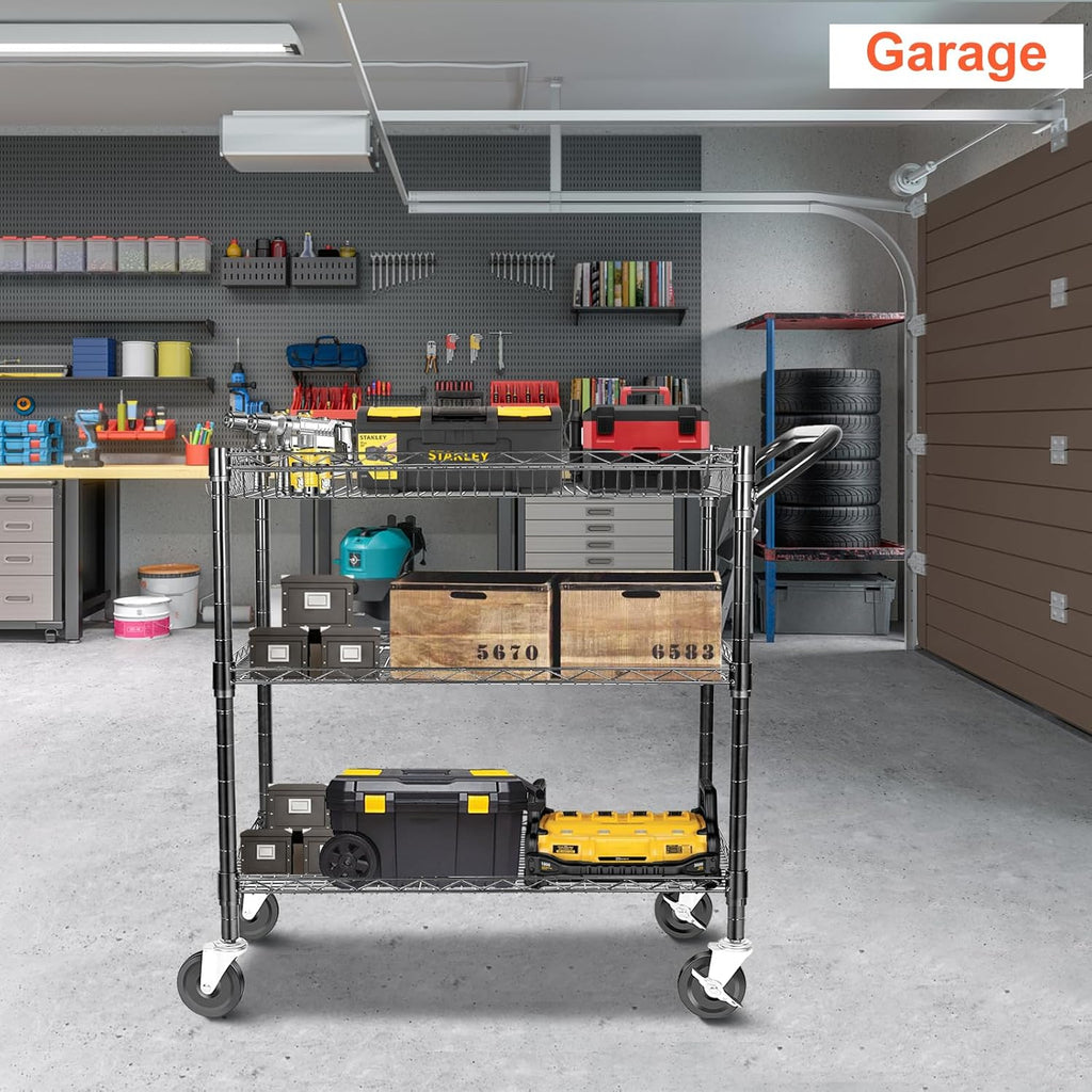 BolDuck Heavy Duty Utility Cart, 990Lbs Capacity 3 Tier Rolling Carts with Wheels, Kitchen Cart on Wheels with Storage, Commercial Grade Metal Serving Carts with Wire Shelving &Handle Bar, Black