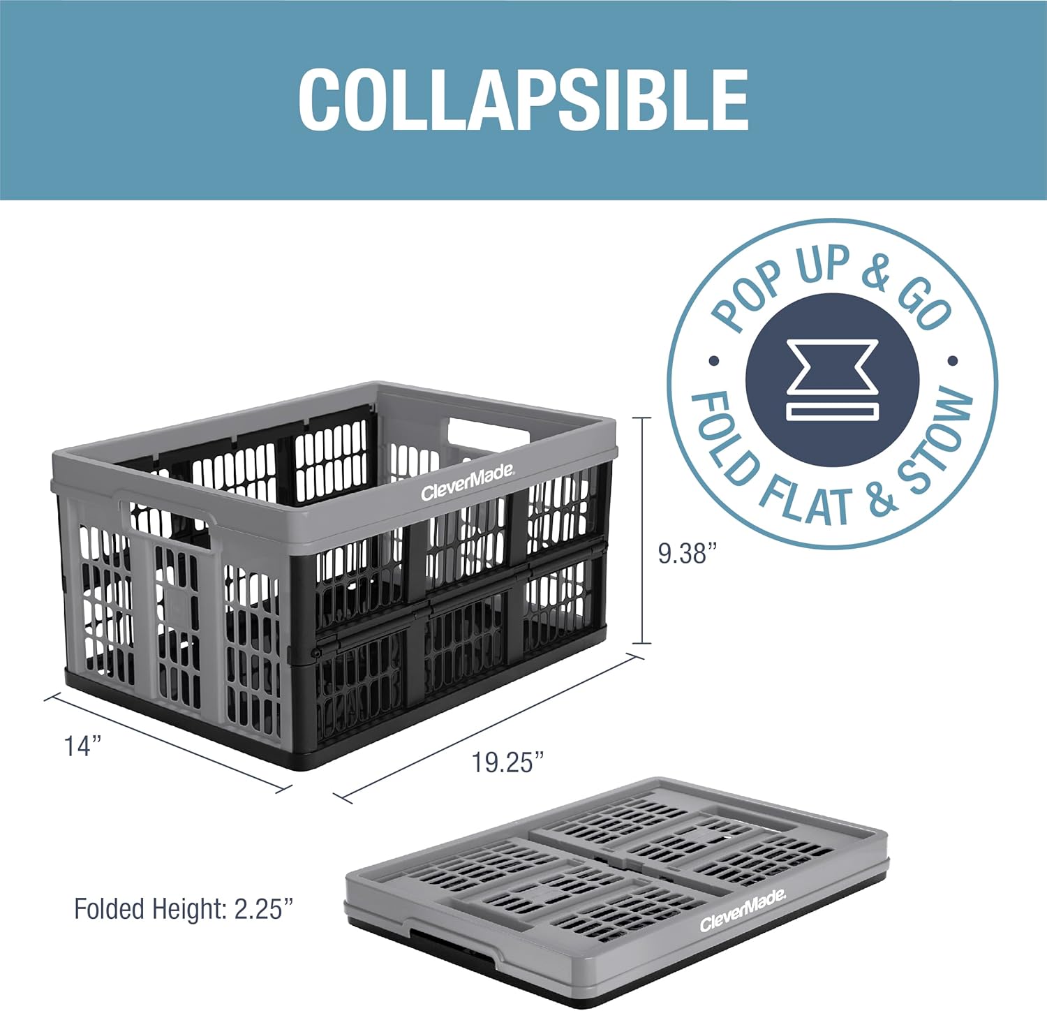 CleverMade Collapsible Utility Crate, Stone, 1PK - 32L (8 Gal) Collapsible Storage Bins, Holds 40lbs Per Bin - Plastic Stackable Grated Wall Utility Containers, CleverCrates Baskets