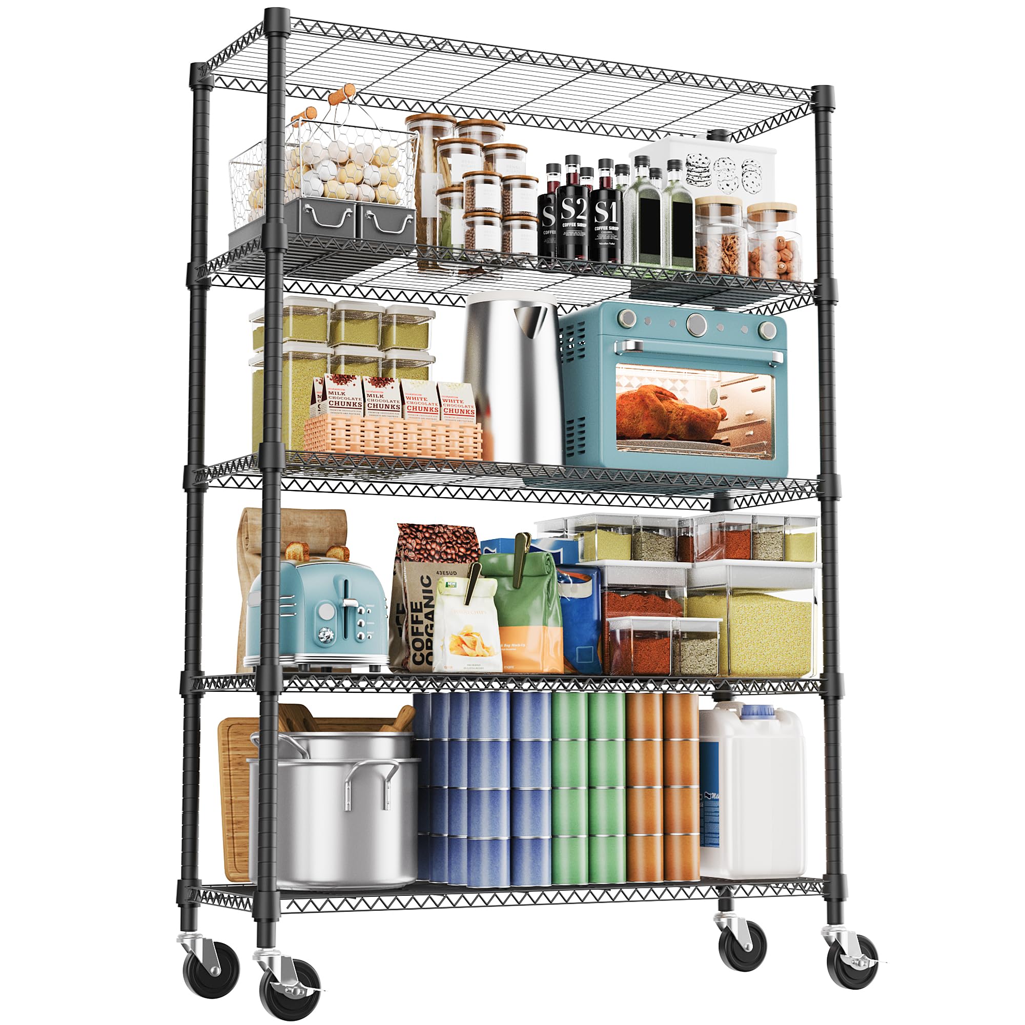 M MZG 5-Shelf Storage Shelves,Wire Shelving Heavy Duty Metal Storage Shelving Unit Adjustable Garage Shelving Rack Pantry Kitchen (Chrome, 4 Tier,15.8" D x 45.3" W x 59.4" H)