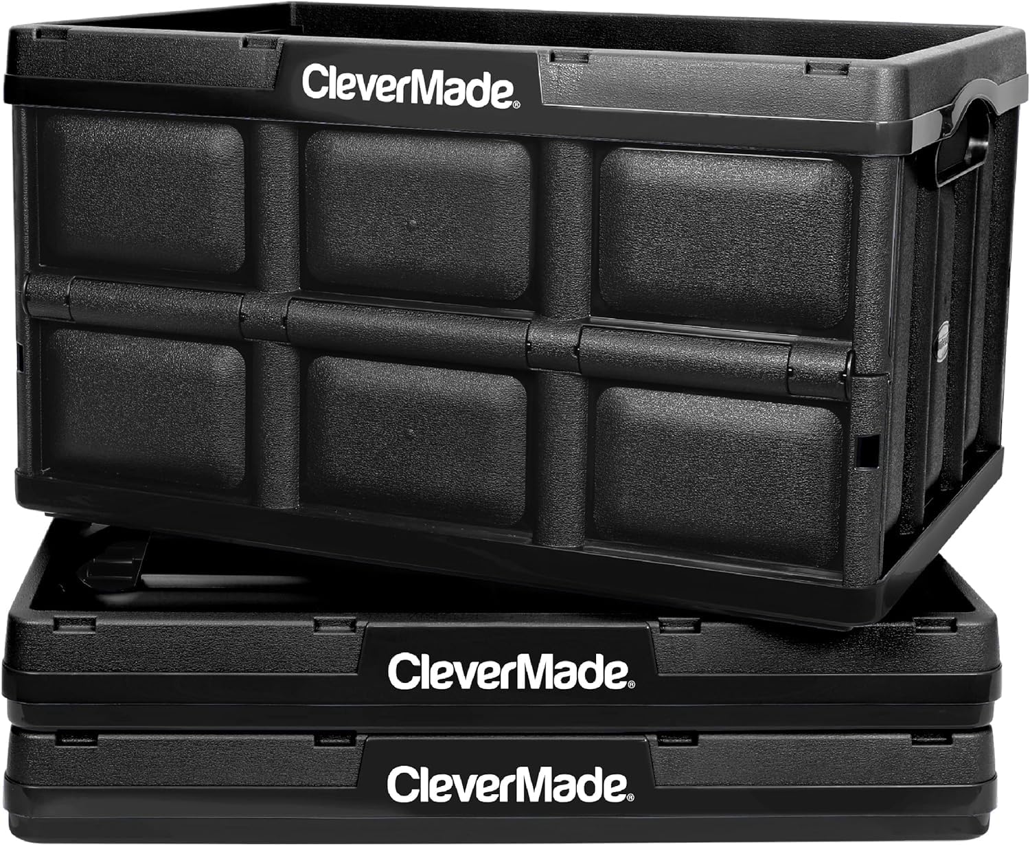 CleverMade Collapsible Storage Bins 62L (3-Pack) – Heavy Duty Collapsible Plastic Storage Bins, Large Stackable Folding Storage Bins for Garage, Car, Grocery & Home Organization - Stone
