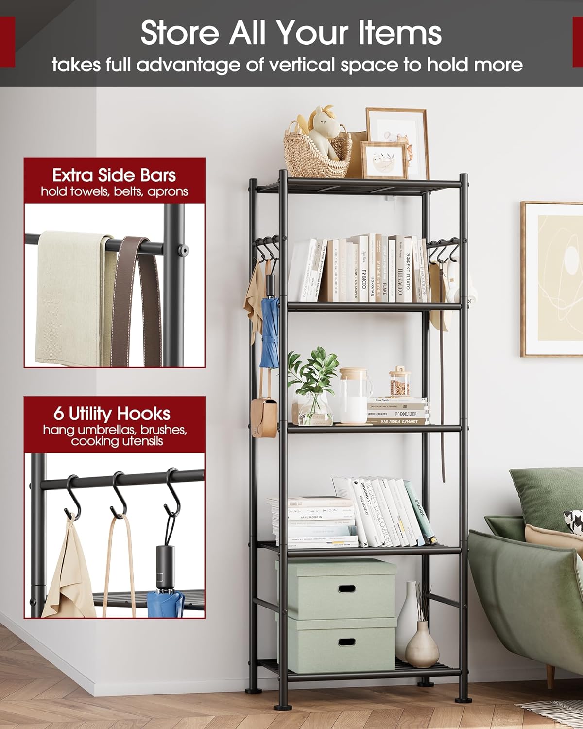 Sakugi Storage Shelves - 5-Tier Large Capacity Shelf Organizer with Hooks, Heavy-Duty Garage Shelving with Leveling Feet, Wobble-Free Rack for Bedroom, Balcony, Garage, 18.1"×12.4"×56.8", Black