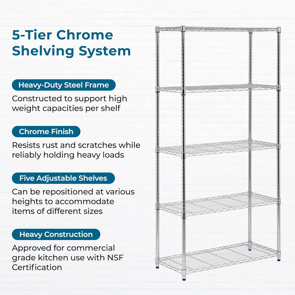 Honey-Can-Do 5-Tier Adjustable Shelving Unit, Chrome SHF-09685 Chrome, 1750lbs (350-lb Weight Capacity Per Shelf)