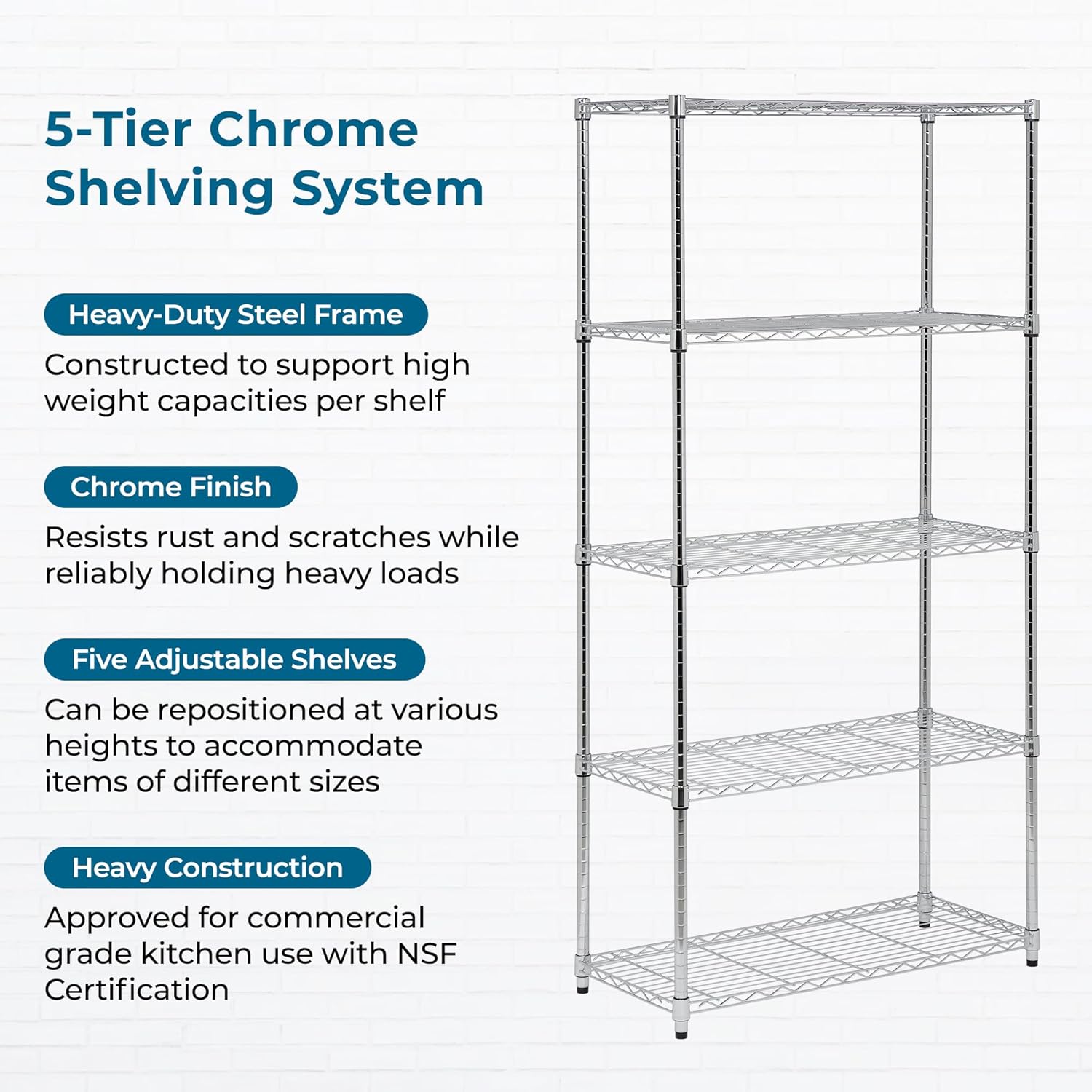 Honey-Can-Do 5-Tier Adjustable Shelving Unit, Chrome SHF-09685 Chrome, 1750lbs (350-lb Weight Capacity Per Shelf)