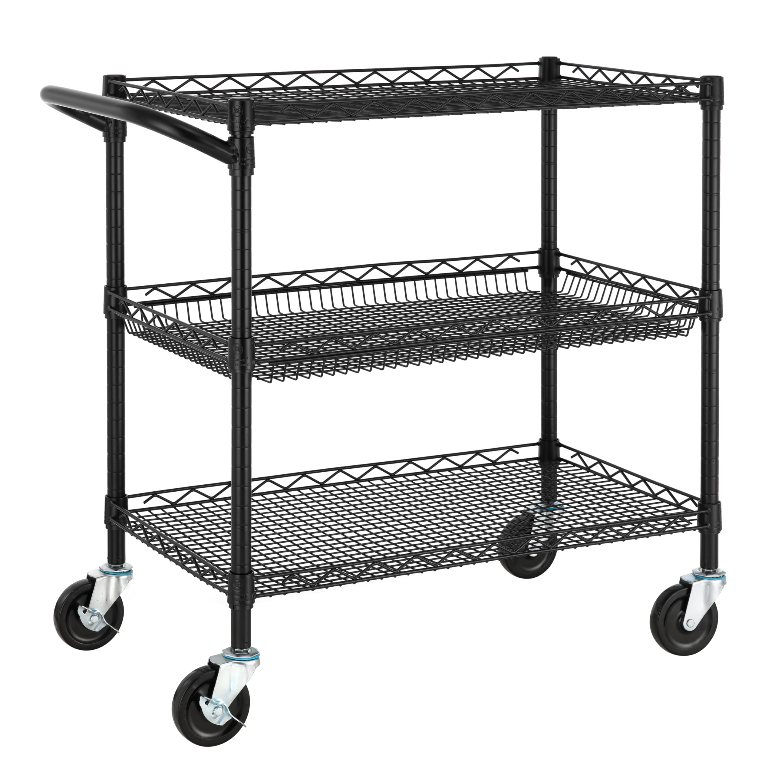 Finnhomy 3 Tier Heavy Duty Commercial Grade Utility Cart, Wire Rolling Cart with Handle Bar, Steel Service Cart with Wheels, Utility Shelf Plant Display Shelf Food Storage Trolley, NSF Listed