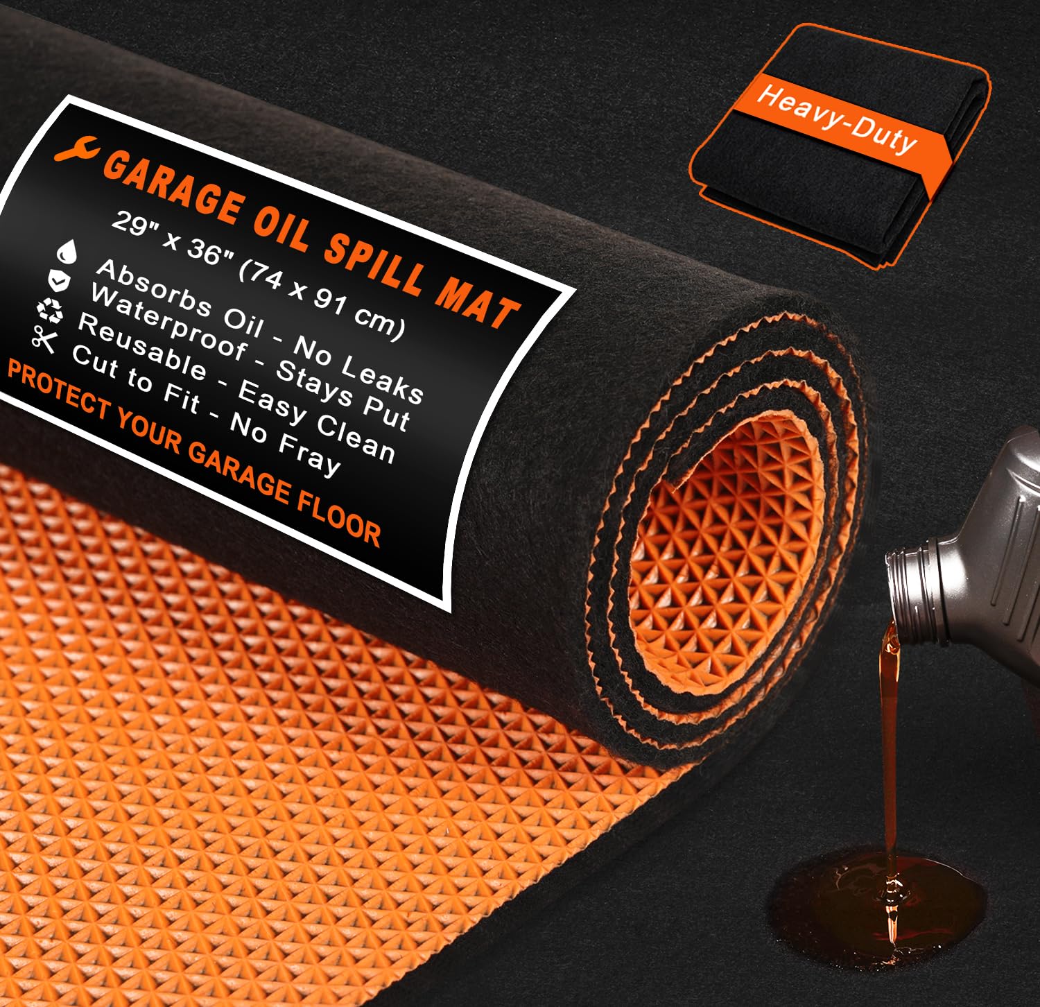 Golener Oil Spill Mat - Garage Floor Mat, Absorbent Oil Pad, Premium Maintenance Mat, Waterproof, Contain Liquid, Protect Floor from Spill & Stain, Reusable, Washable, Durable, 29”x36”, Black/Orange