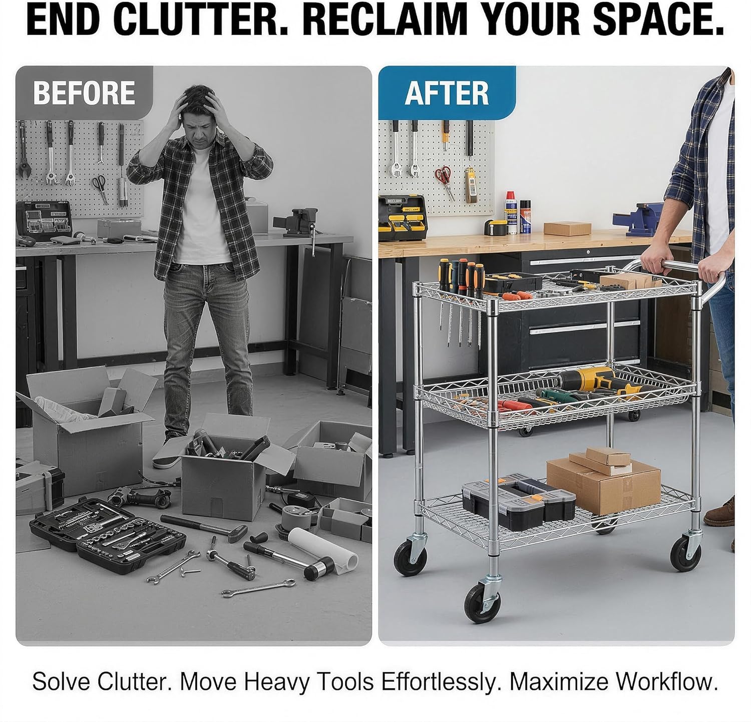 Finnhomy 3 Tier Heavy Duty Commercial Grade Utility Cart, Wire Rolling Cart with Handle Bar, Steel Service Cart with Wheels, Utility Shelf Plant Display Shelf Food Storage Trolley, NSF Listed