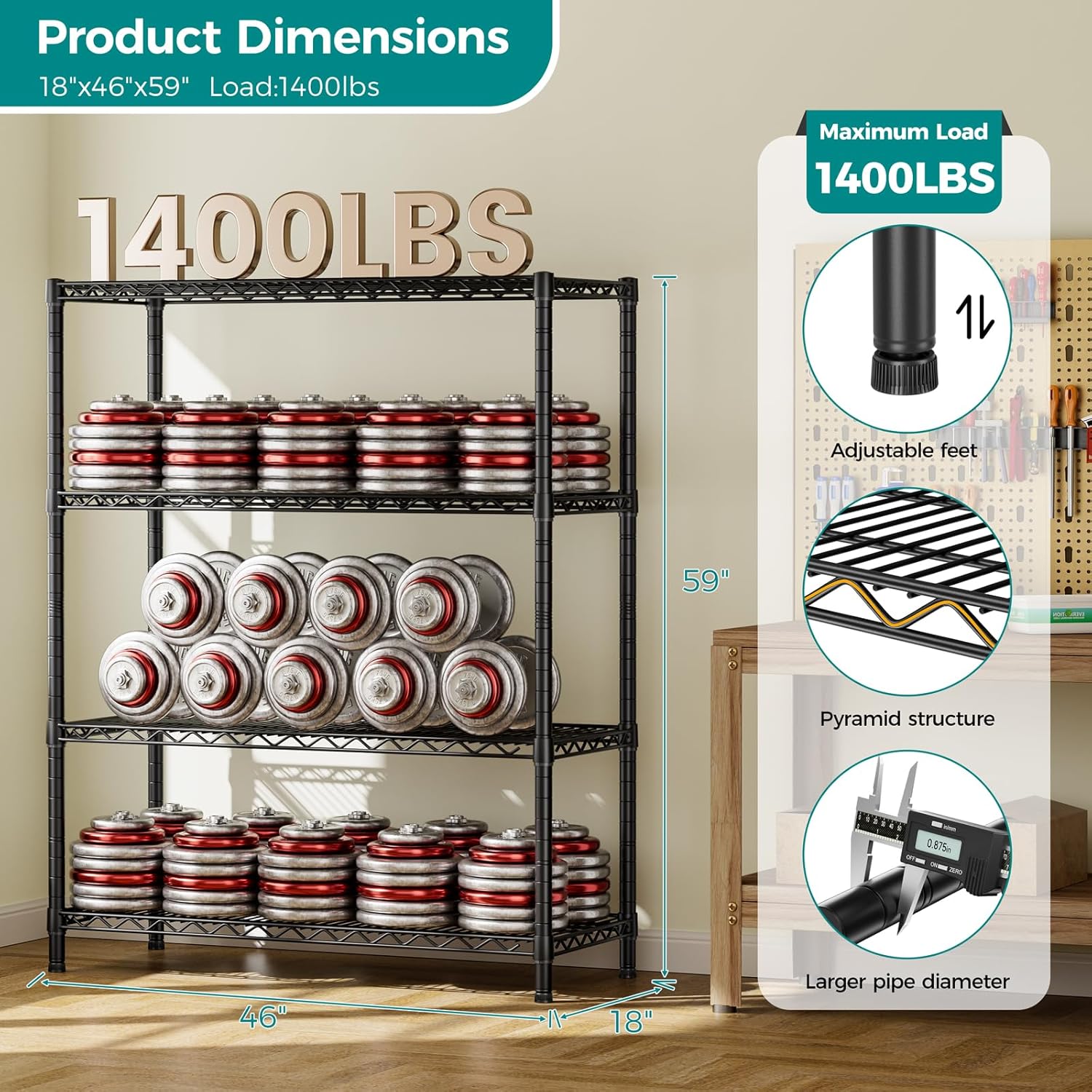 SINGAYE 4 Shelves Adjustable Shelf Heavy Duty Shelves 1400LBS Wire Storage Shelving Metal Organizer Wire Rack Black 18" D X 46" W X 59" H