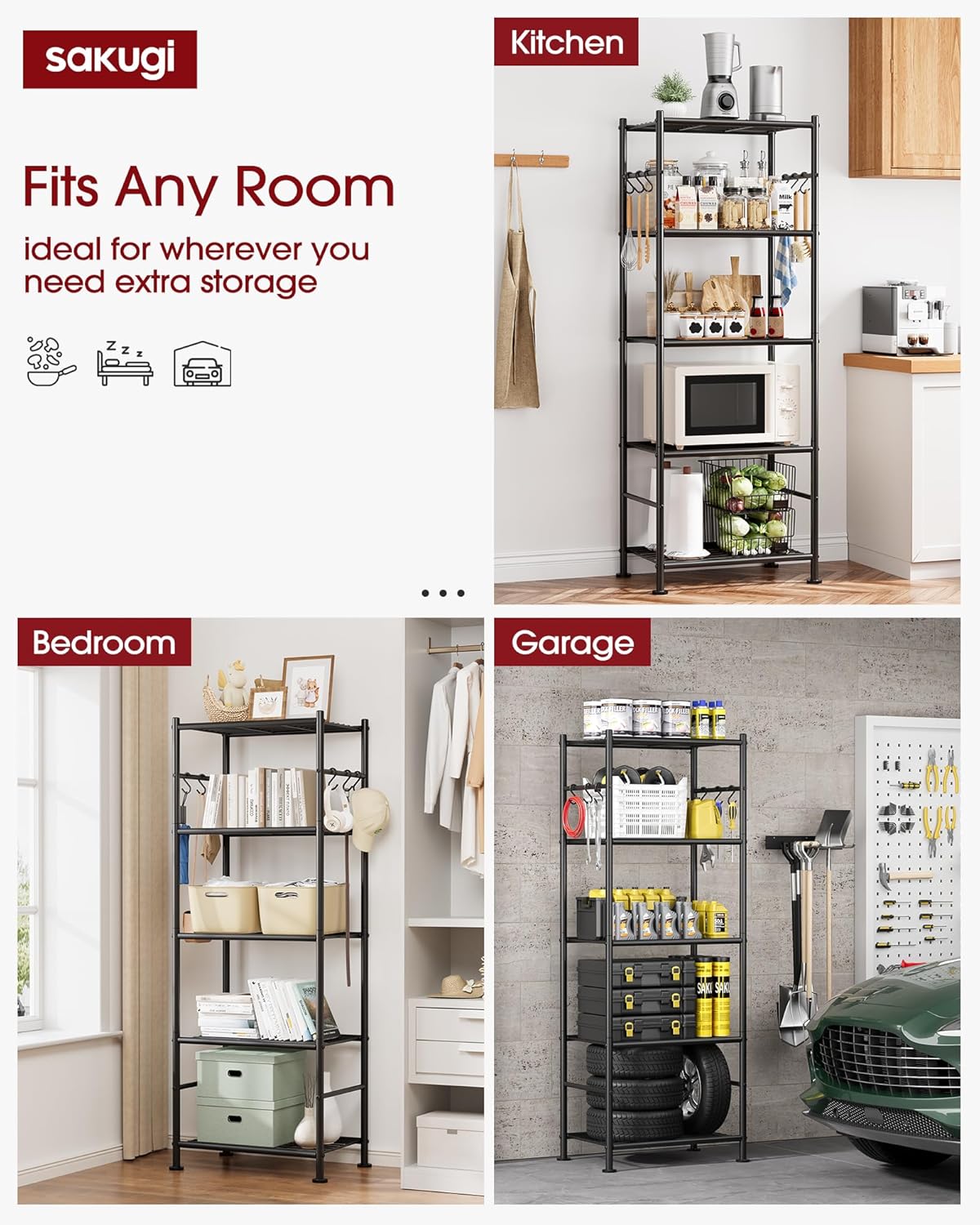 Sakugi Storage Shelves - 5-Tier Large Capacity Shelf Organizer with Hooks, Heavy-Duty Garage Shelving with Leveling Feet, Wobble-Free Rack for Bedroom, Balcony, Garage, 18.1"×12.4"×56.8", Black