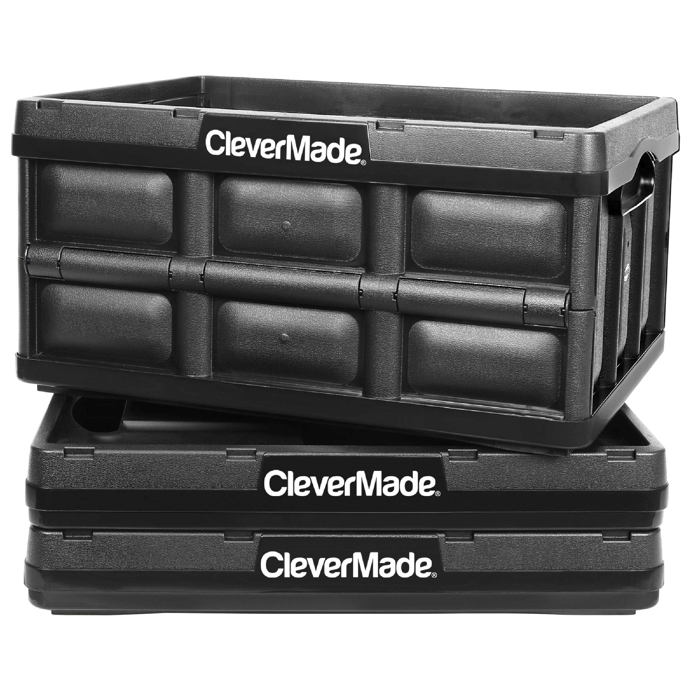 CleverMade Collapsible Storage Bins 62L (3-Pack) – Heavy Duty Collapsible Plastic Storage Bins, Large Stackable Folding Storage Bins for Garage, Car, Grocery & Home Organization - Stone