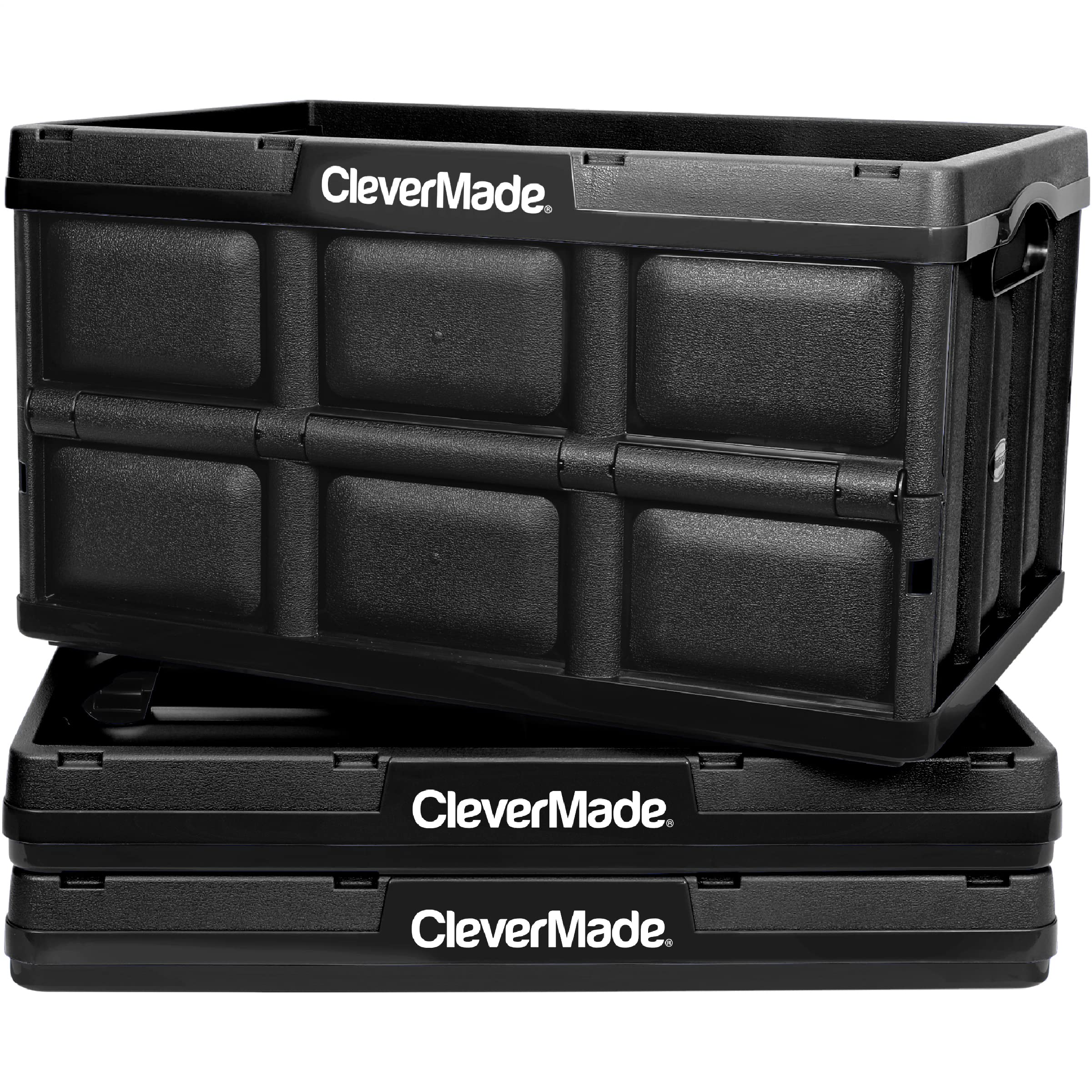 CleverMade Collapsible Storage Bins 62L (3-Pack) – Heavy Duty Collapsible Plastic Storage Bins, Large Stackable Folding Storage Bins for Garage, Car, Grocery & Home Organization - Stone