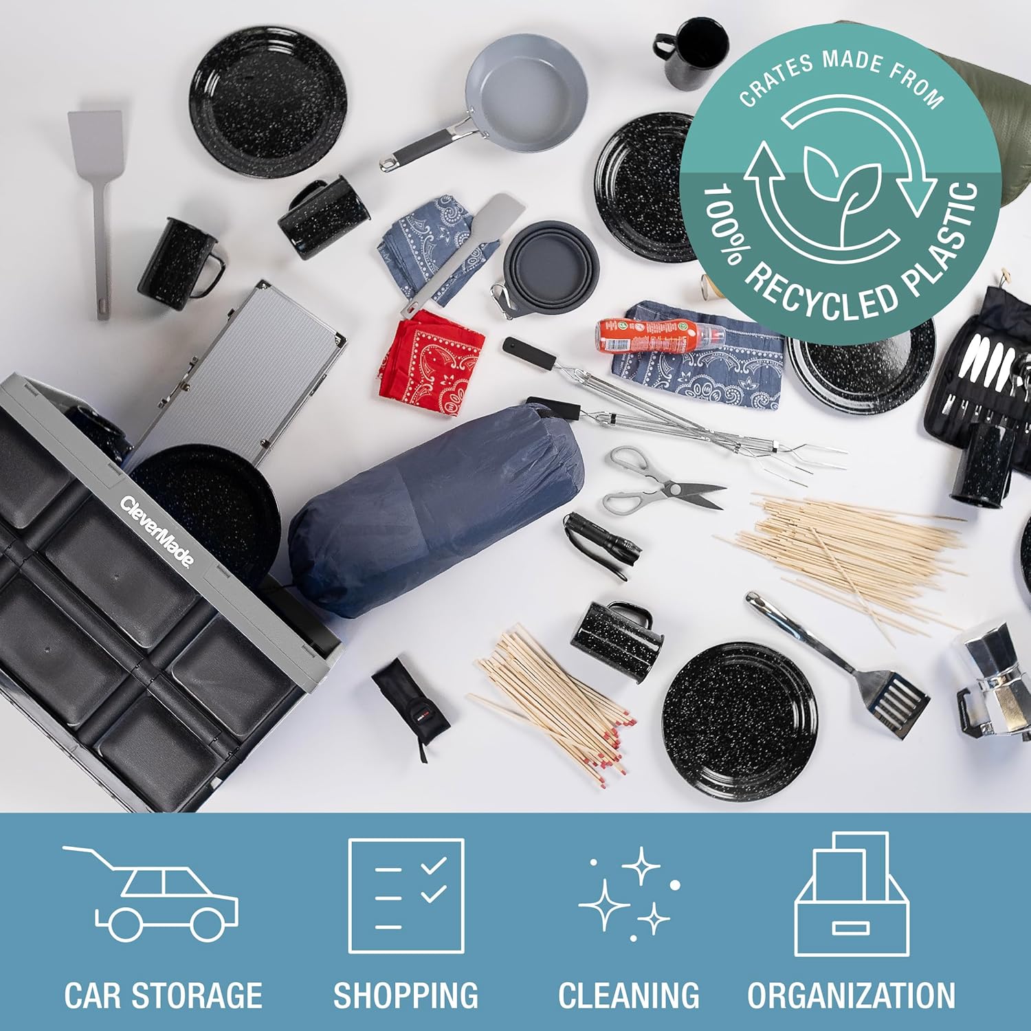 CleverMade Collapsible Storage Bins 62L (3-Pack) – Heavy Duty Collapsible Plastic Storage Bins, Large Stackable Folding Storage Bins for Garage, Car, Grocery & Home Organization - Stone