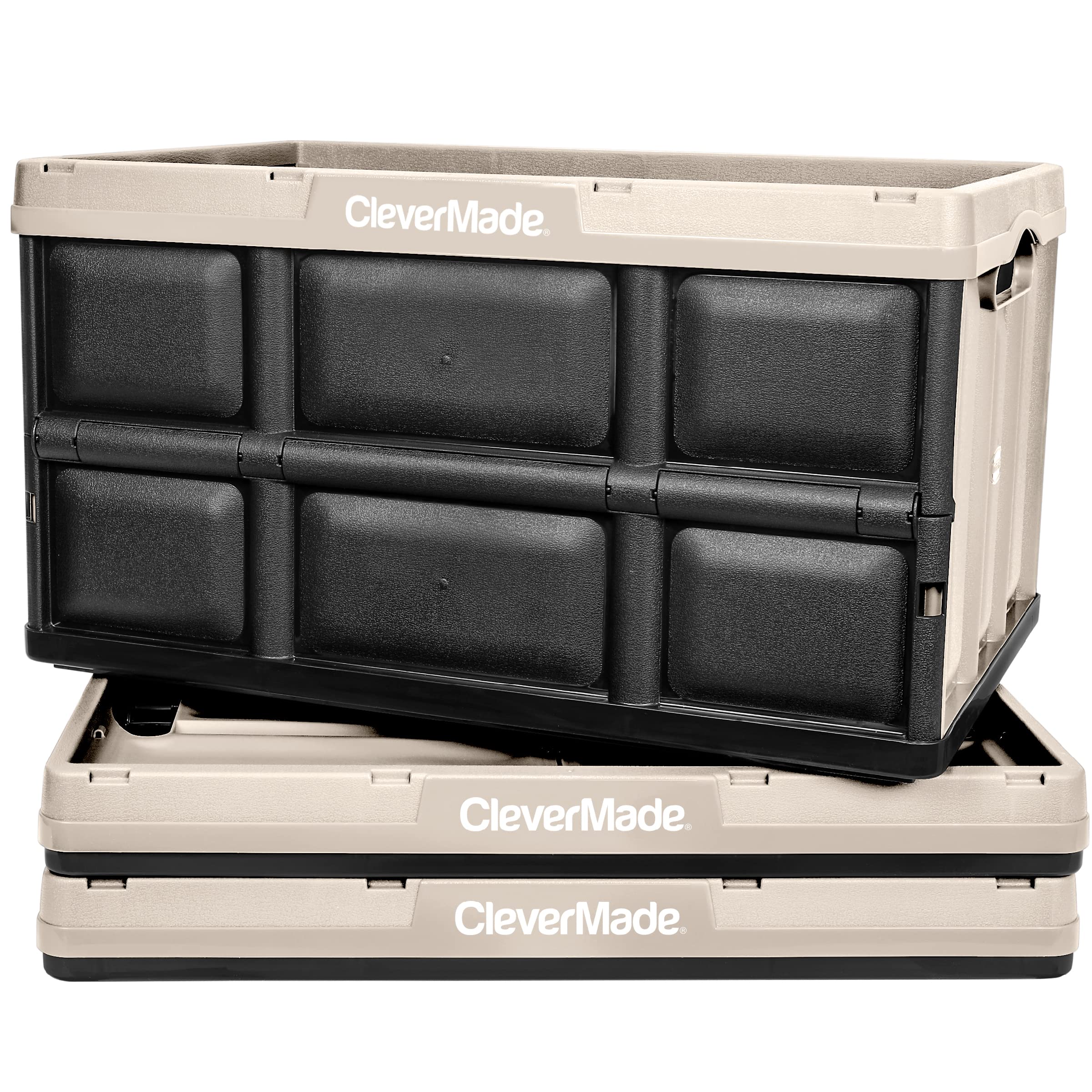 CleverMade Collapsible Storage Bins 62L (3-Pack) – Heavy Duty Collapsible Plastic Storage Bins, Large Stackable Folding Storage Bins for Garage, Car, Grocery & Home Organization - Stone