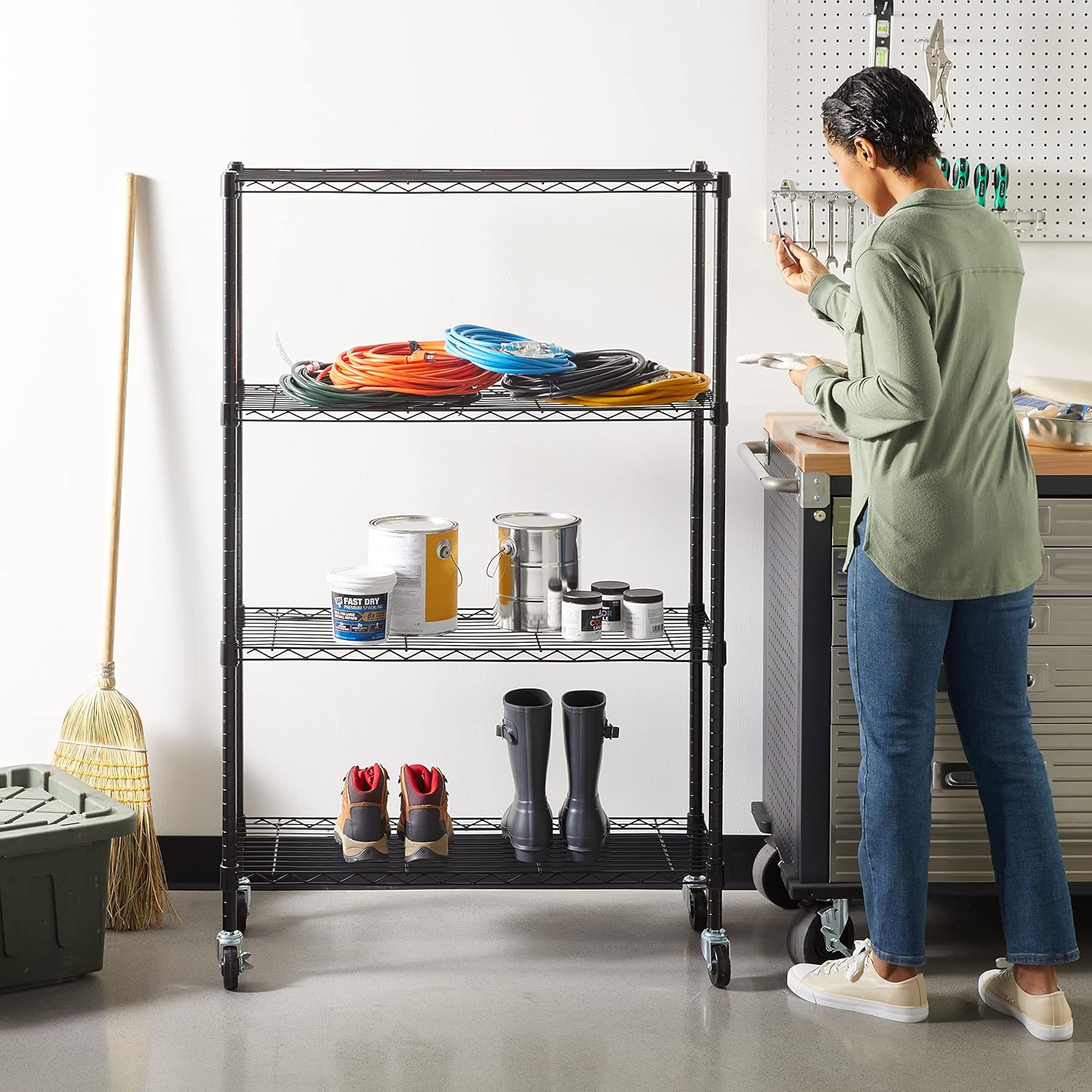 Amazon Basics 4-Shelf Adjustable Heavy Duty Steel Wire Rack Storage Shelving, Sturdy Garage Shelving, 350 lbs Capacity Per Shelf, Easy No-Tool Assembly, 36" x 14" x 54", Black | Heavy Duty, Adjustable, for Kitchen, Garage, Storage, Shelving Organizer