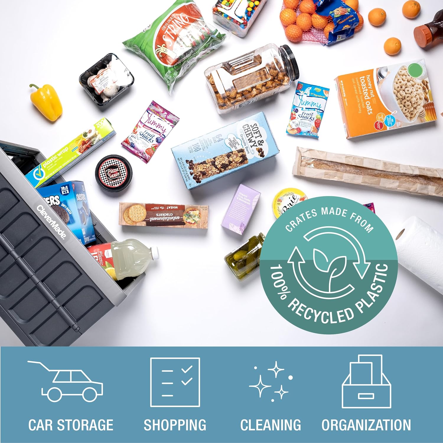 CleverMade Collapsible Storage Bins with Lids (62L, 3 Pack) – Heavy Duty Foldable Plastic Storage Crates for Garage, Closet & Trunk Organization - Stone