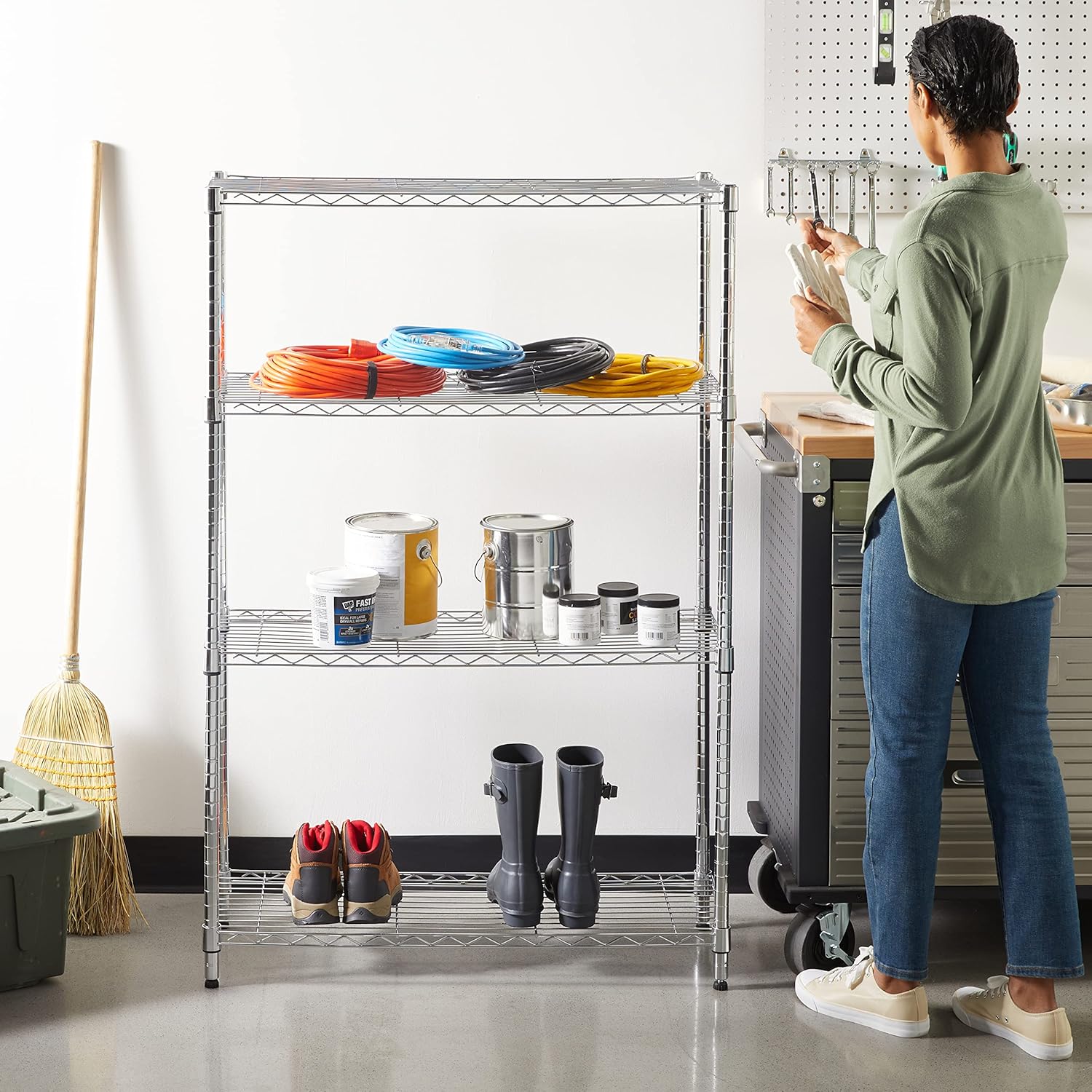 Amazon Basics 4-Shelf Adjustable Heavy Duty Steel Wire Rack Storage Shelving Unit for Kitchen, Garage, Easy Assembly, 350 lbs Per Shelf, 36" x 14" x 54", Chrome Silver