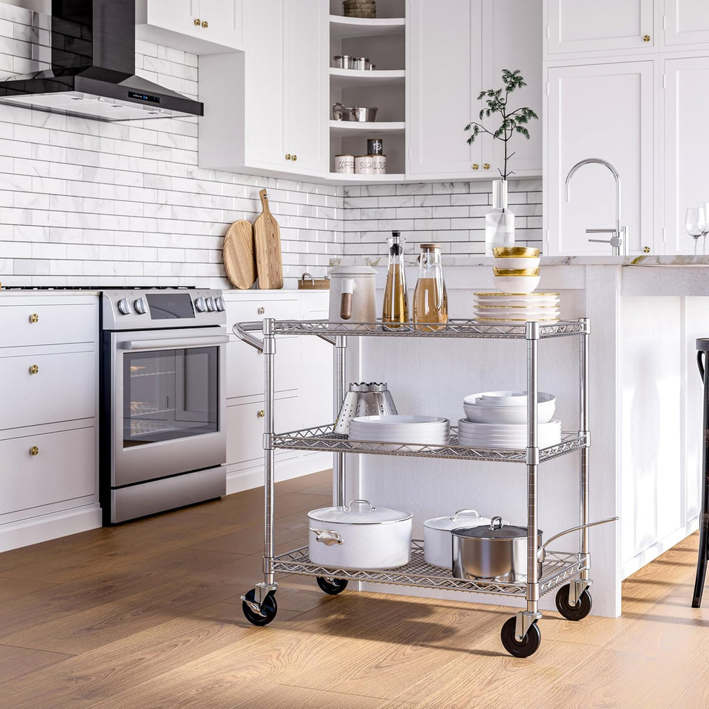 Seville Classics UltraDurable NSF Commercial Heavy Duty Metal Rolling Utility Cart, w/ Steel Shelves, Handle Bar for Restaurant, Garage, Warehouse, Kitchen, Office, Top Shelf (36"W x 18"D)