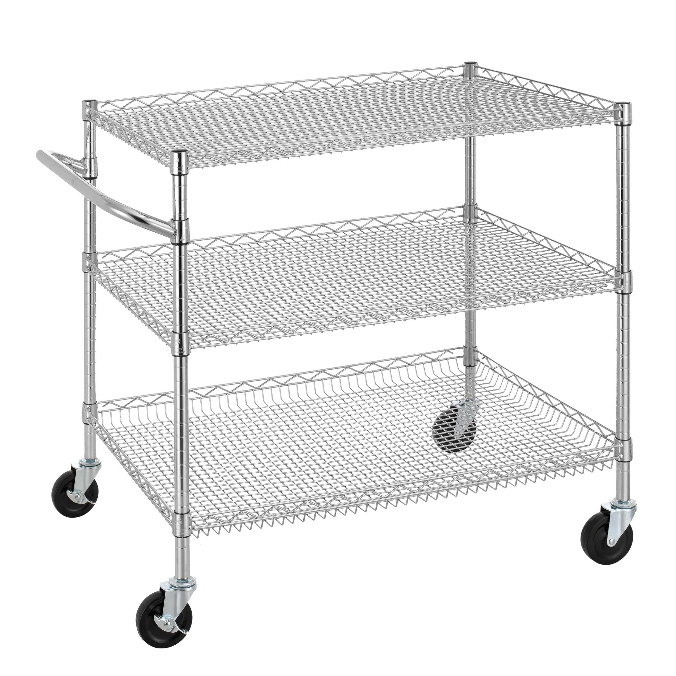 Finnhomy 3 Tier Heavy Duty Commercial Grade Utility Cart, Wire Rolling Cart with Handle Bar, Steel Service Cart with Wheels, Utility Shelf Plant Display Shelf Food Storage Trolley, NSF Listed