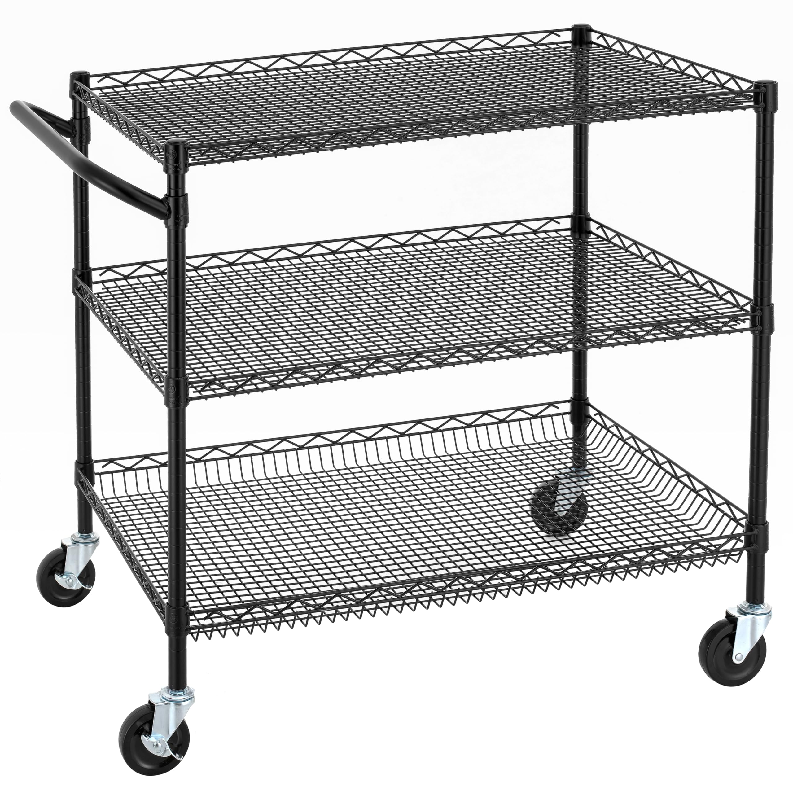 Finnhomy 3 Tier Heavy Duty Commercial Grade Utility Cart, Wire Rolling Cart with Handle Bar, Steel Service Cart with Wheels, Utility Shelf Plant Display Shelf Food Storage Trolley, NSF Listed